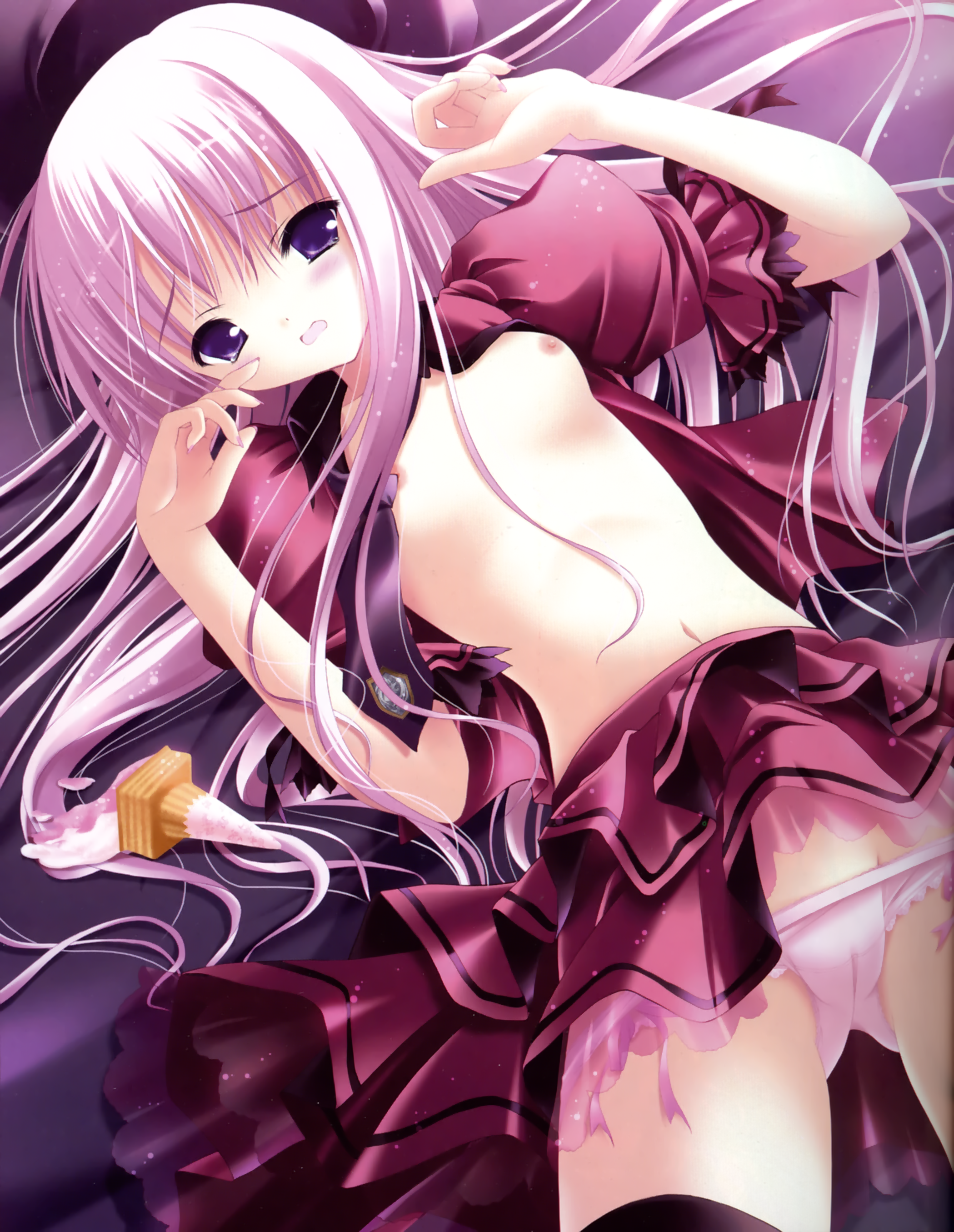 tinker bell (pixiv 10956015), original, absurdres, highres, 1girl, breasts, cameltoe, female focus, flat chest, food, ice cream, loli, long hair, nipples, open clothes, open skirt, panties, pink hair, pointing, purple eyes, purple hair, pussy, skirt, solo, tears, thighhighs, underwear