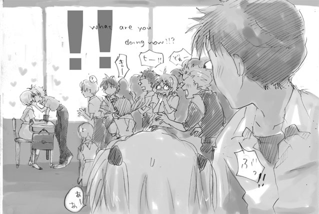 lrk, aida kensuke, ayanami rei, ikari shinji, nagisa kaworu, souryuu asuka langley, neon genesis evangelion, !, !!, !?, 6+boys, 6+girls, ?, back, bent over, blush, braid, briefcase, bulging eyes, chair, classroom, couple, covering own mouth, crowd, desk, eye pop, full-face blush, glasses, greyscale, hand on another's face, hand to own mouth, heart, hetero, kiss, kneeling, looking at another, monochrome, multiple boys, multiple girls, on chair, opaque glasses, pants, school, school desk, school uniform, shirt, short hair, sitting, skirt, socks, speech bubble, standing, surprised, sweatdrop, twin braids, twintails, two side up