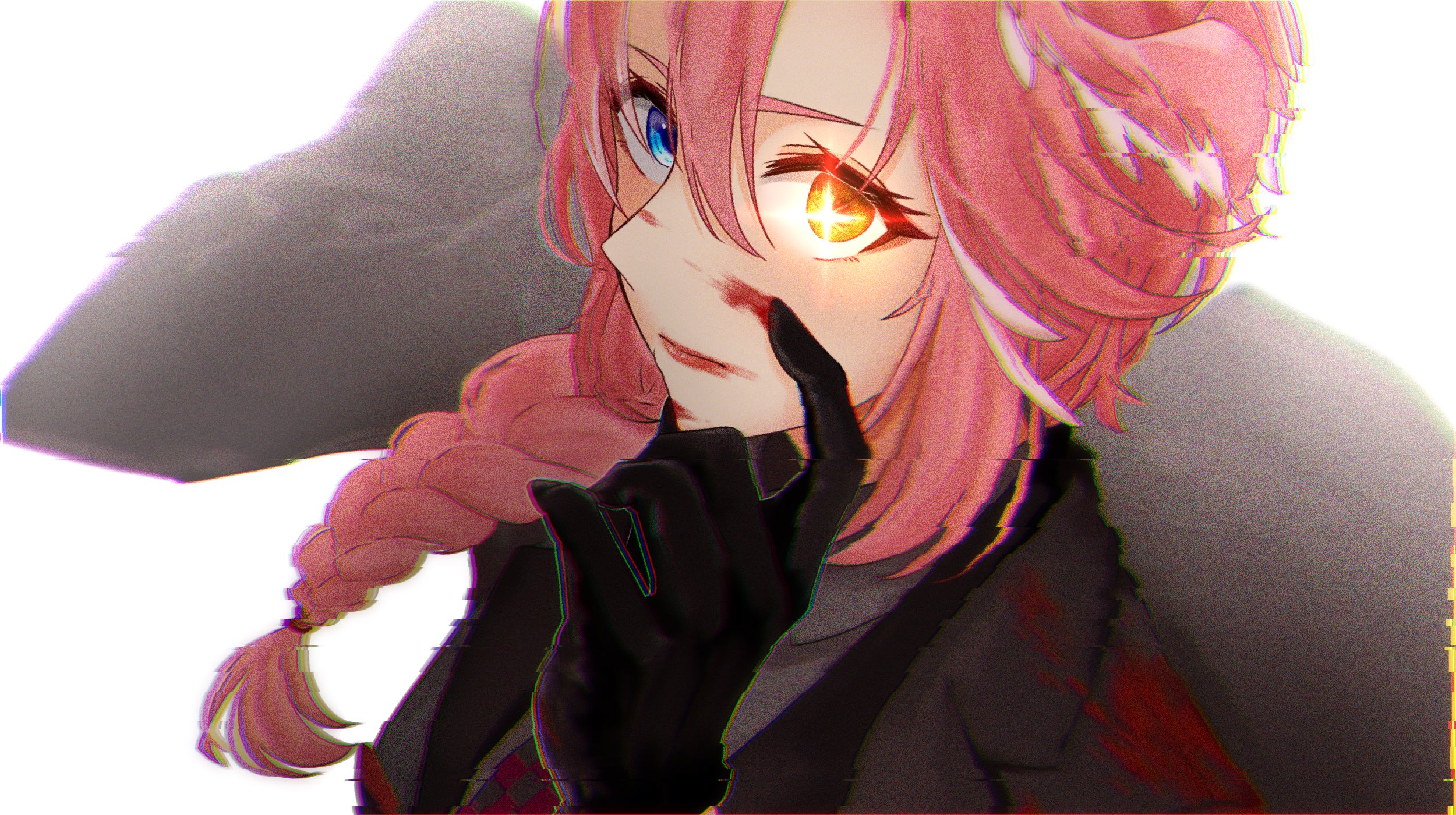 ringo 21 a, takane lui, hololive, highres, 1girl, black gloves, blood, blood on clothes, blood on face, blue eyes, braid, distortion, formal clothes, gloves, heterochromia, looking at viewer, mafia, necktie, orange eyes, pink hair, side braid, solo, suit, white background