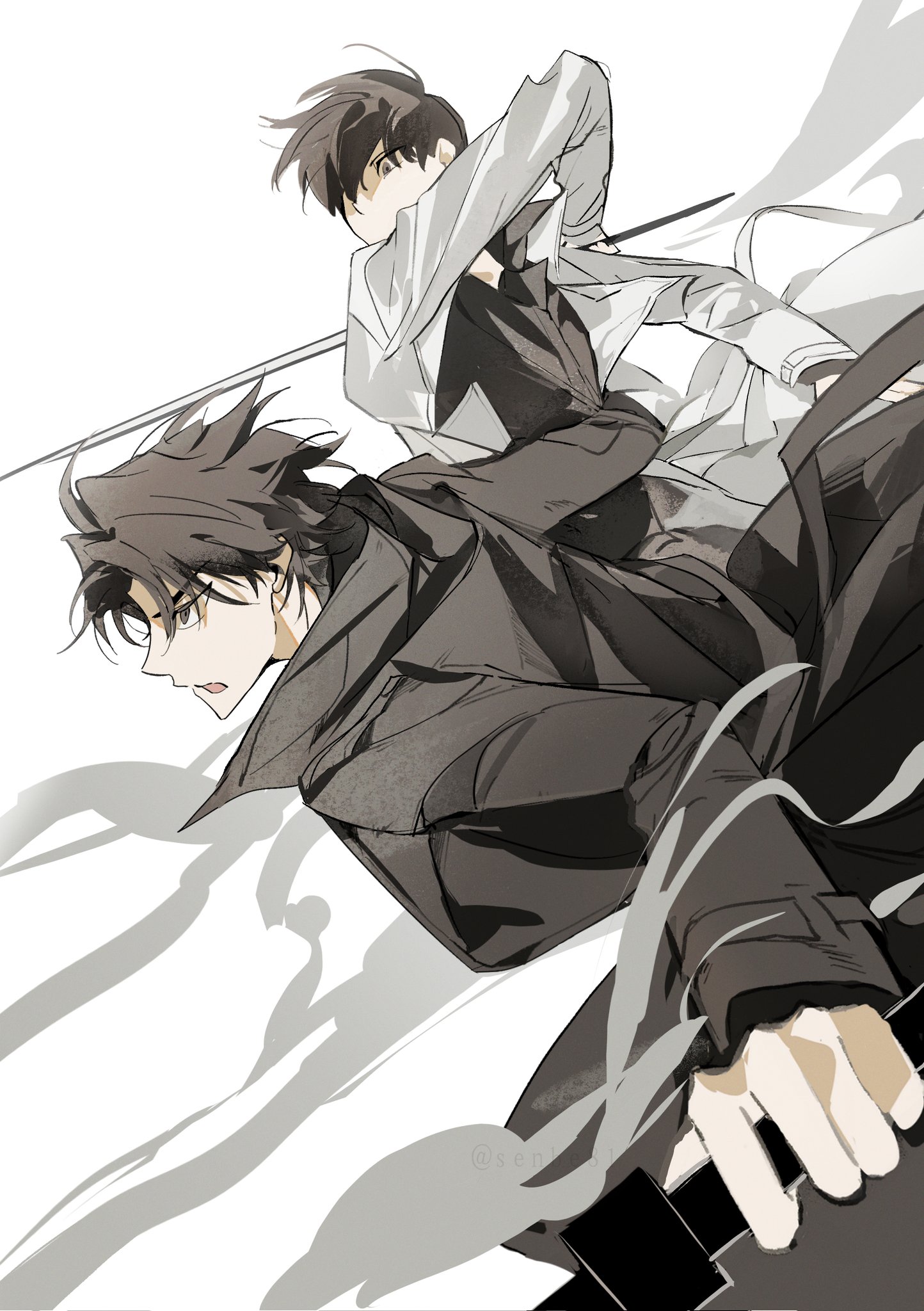 senbe81, kim dokja, yoo joonghyuk, omniscient reader's viewpoint, highres, 2boys, black coat, black eyes, black hair, black shirt, coat, collared shirt, hair flowing over, holding, holding sword, holding weapon, incoming attack, line of action, male focus, multiple boys, open mouth, perspective, popped collar, serious, shirt, short hair, sword, upper body, weapon, white coat, wind, wind lift