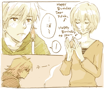 lrk, ayanami rei, nagisa kaworu, neon genesis evangelion, lowres, 1boy, 1girl, birthday, cake, candle, closed eyes, comic, english text, food, monochrome, musical note, open mouth, pastry, quaver, short hair, spoken musical note
