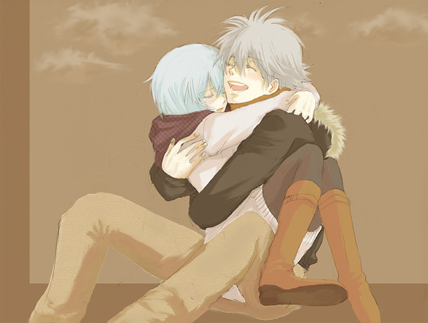 lrk, ayanami rei, nagisa kaworu, neon genesis evangelion, brown footwear, eyebrows, silver hair, 1boy, 1girl, :d, ^ ^, black thighhighs, blue hair, blush, boots, breath, closed eyes, couple, hetero, hug, knee boots, laughing, long sleeves, open mouth, round teeth, short hair, smile, teeth, thighhighs