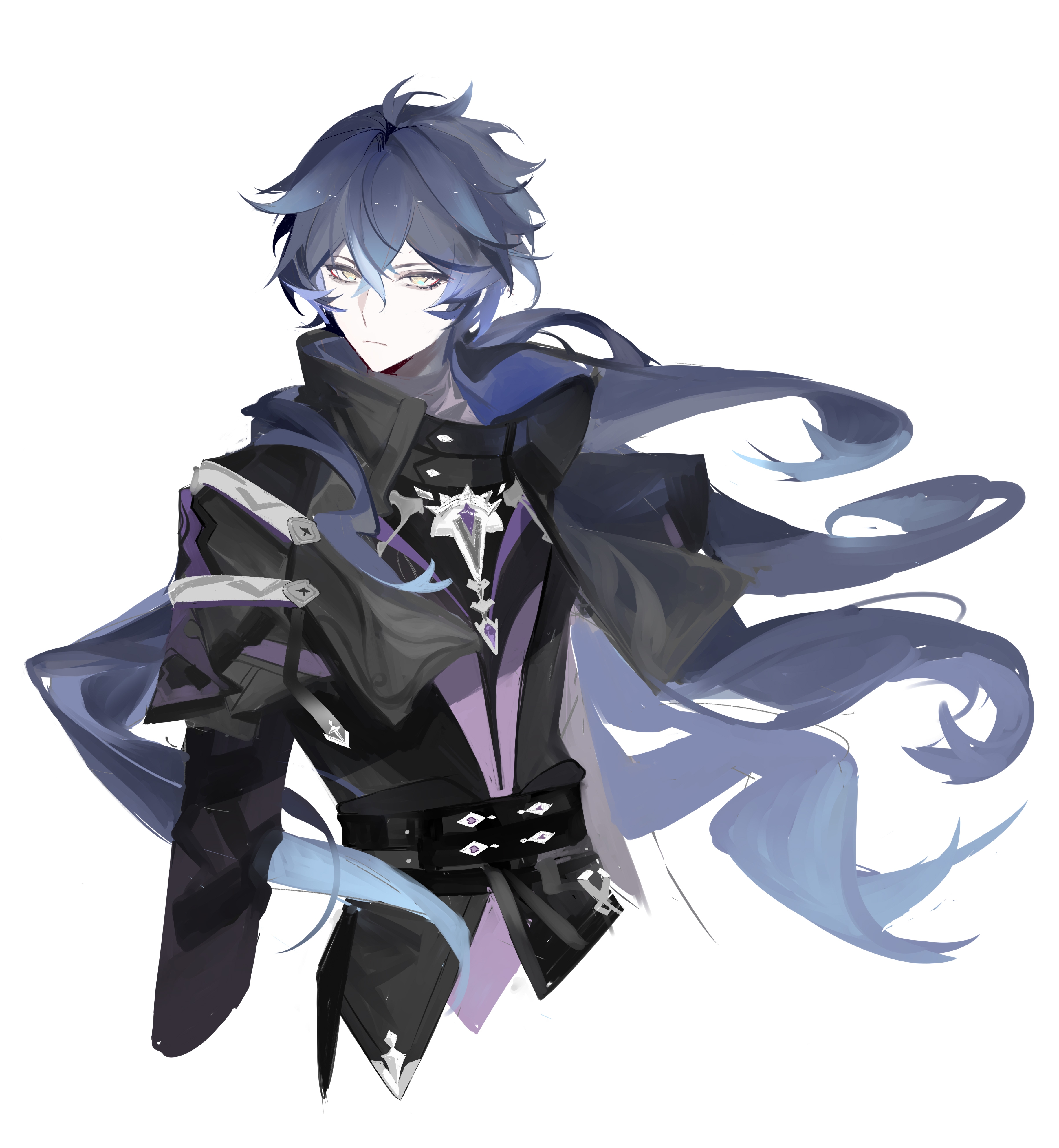 baiyuqing434, flins (genshin impact), genshin impact, absurdres, chinese commentary, highres, 1boy, antenna hair, bags under eyes, black coat, blue hair, closed mouth, coat, collared coat, gradient hair, hair between eyes, high collar, long sleeves, looking to the side, multicolored hair, simple background, solo, upper body, wavy hair, white background, yellow eyes