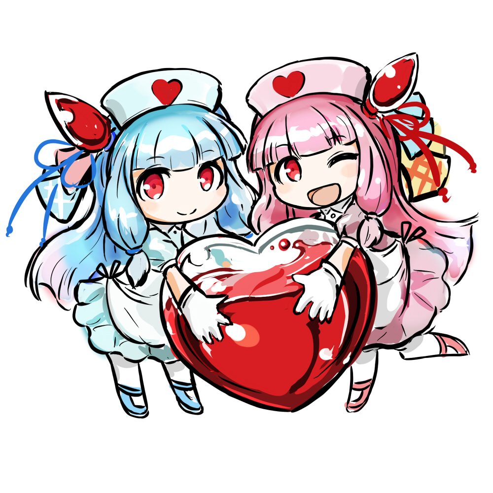 miyabi keishirou, kotonoha akane, kotonoha aoi, voiceroid, 2girls, ;d, ambiguous red liquid, apron, blue bow, blue dress, blue hair, blue shoes, blunt bangs, bow, chibi, closed mouth, dress, glass, gloves, hair bow, hair tie, hat, headgear, heart, holding, holding heart, light blush, liquid, long hair, low-tied sidelocks, multiple girls, nurse, nurse cap, one eye closed, open mouth, pink bow, pink dress, pink hair, pink shoes, red eyes, shoes, siblings, sidelocks, simple background, smile, socks, twins, white background, white gloves, white socks, yellow bow