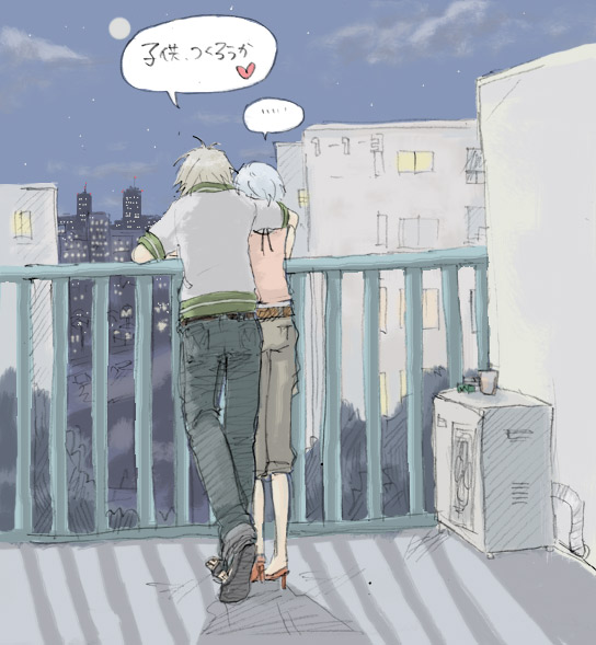 lrk, ayanami rei, nagisa kaworu, neon genesis evangelion, silver hair, translation request, 1boy, 1girl, blonde hair, blue hair, building, contemporary, couple, from behind, full moon, moon, night, night sky, railing, rooftop, shirt, short hair, sky, speech bubble, standing, t-shirt, talking, text focus