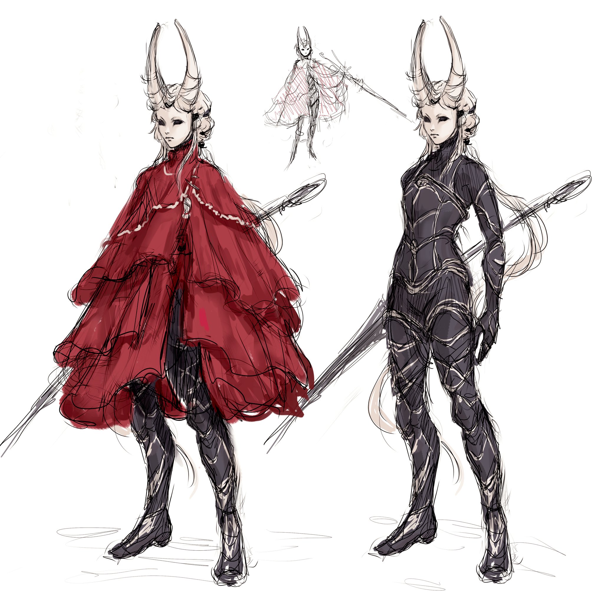 all lee24, hornet (hollow knight), hollow knight, hollow knight: silksong, commentary, english commentary, highres, 1girl, alternate design, armor, black bodysuit, black sclera, bodysuit, cloak, colored sclera, full body, holding, holding weapon, horns, long hair, looking at viewer, multiple views, polearm, red cloak, sketch, standing, very long hair, weapon, white background, white hair