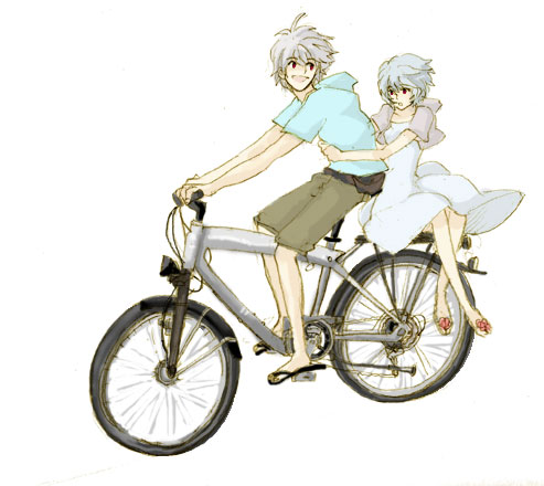 lrk, ayanami rei, nagisa kaworu, neon genesis evangelion, silver hair, lowres, 1boy, 1girl, bicycle, blue hair, collarbone, contemporary, dress, full body, hood, hood down, hooded sweater, long sleeves, looking at viewer, multiple riders, riding, riding bicycle, short sleeves, sidesaddle, simple background, sitting, sundress, sweater, white background, white dress