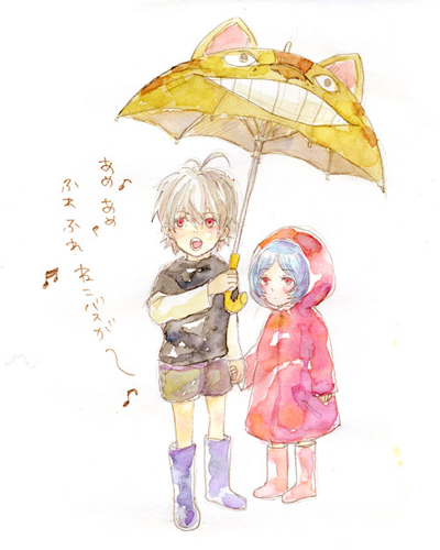 lrk, ayanami rei, nagisa kaworu, neon genesis evangelion, studio ghibli, tonari no totoro, 1980s (style), lowres, translated, aged down, child, crossover, holding, holding hands, holding umbrella, oldschool, raincoat, retro artstyle, umbrella