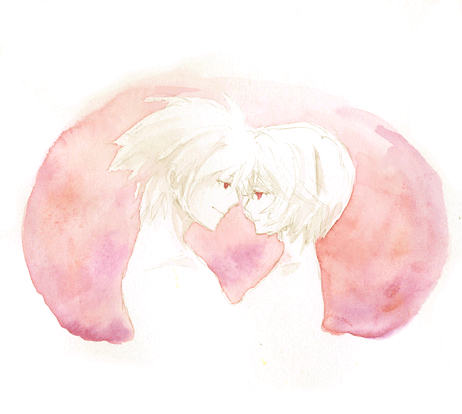 lrk, ayanami rei, nagisa kaworu, neon genesis evangelion, lowres, 1boy, 1girl, face-to-face, hetero, limited palette, nude, profile, red eyes, short hair, upper body