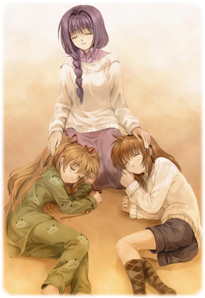 mutsuki (moonknives), minase akiko, sawatari makoto, tsukimiya ayu, kanon, kanon 2006, 3girls, closed eyes, hair intakes, multiple girls, sleeping