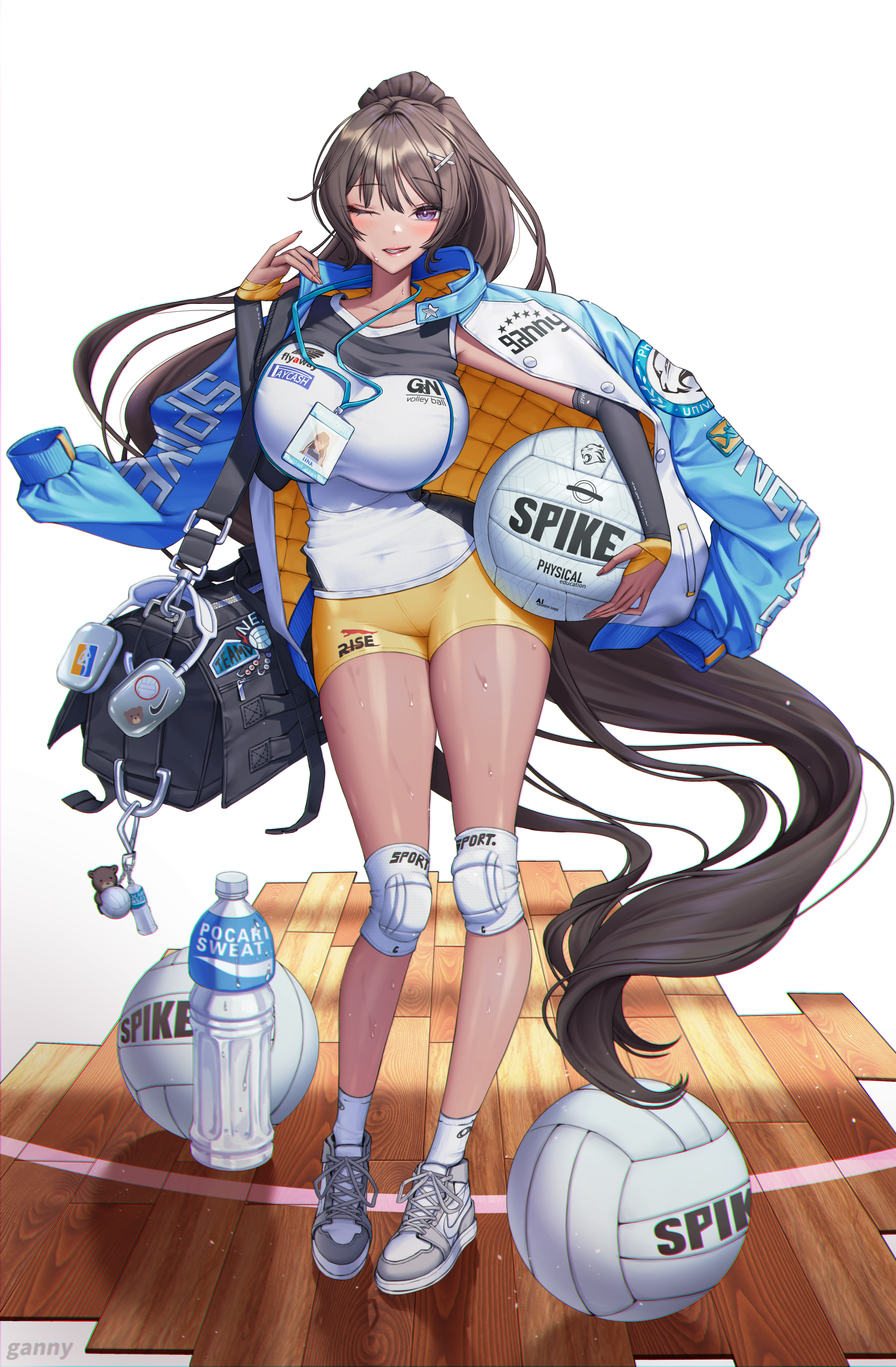 gnxxe1, original, pocari sweat, absurdres, highres, 1girl, bag, ball, bottle, coat, coat on shoulders, duffel bag, elbow gloves, fingerless gloves, gloves, knee pads, one eye closed, ponytail, product placement, purple eyes, shorts, sleeveless, sportswear, volleyball (object), volleyball uniform, water bottle, yellow shorts