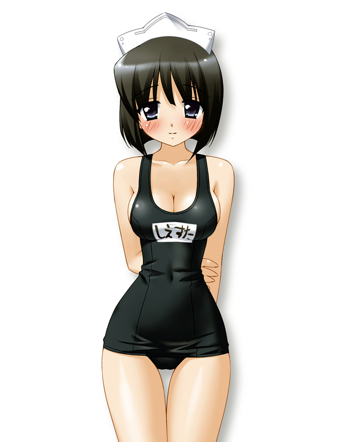 siesta (zero no tsukaima), zero no tsukaima, artist request, translated, 00s, black one-piece swimsuit, hip focus, name tag, one-piece swimsuit, school swimsuit, solo, swimsuit, wide hips