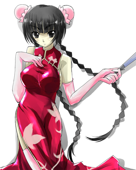 gakky, wang liu mei, gundam, gundam 00, 00s, braid, bun cover, china dress, chinese clothes, dress, elbow gloves, folded fan, folding fan, gloves, hand fan, hand on own chest, holding, holding fan, simple background, solo, twin braids, white background