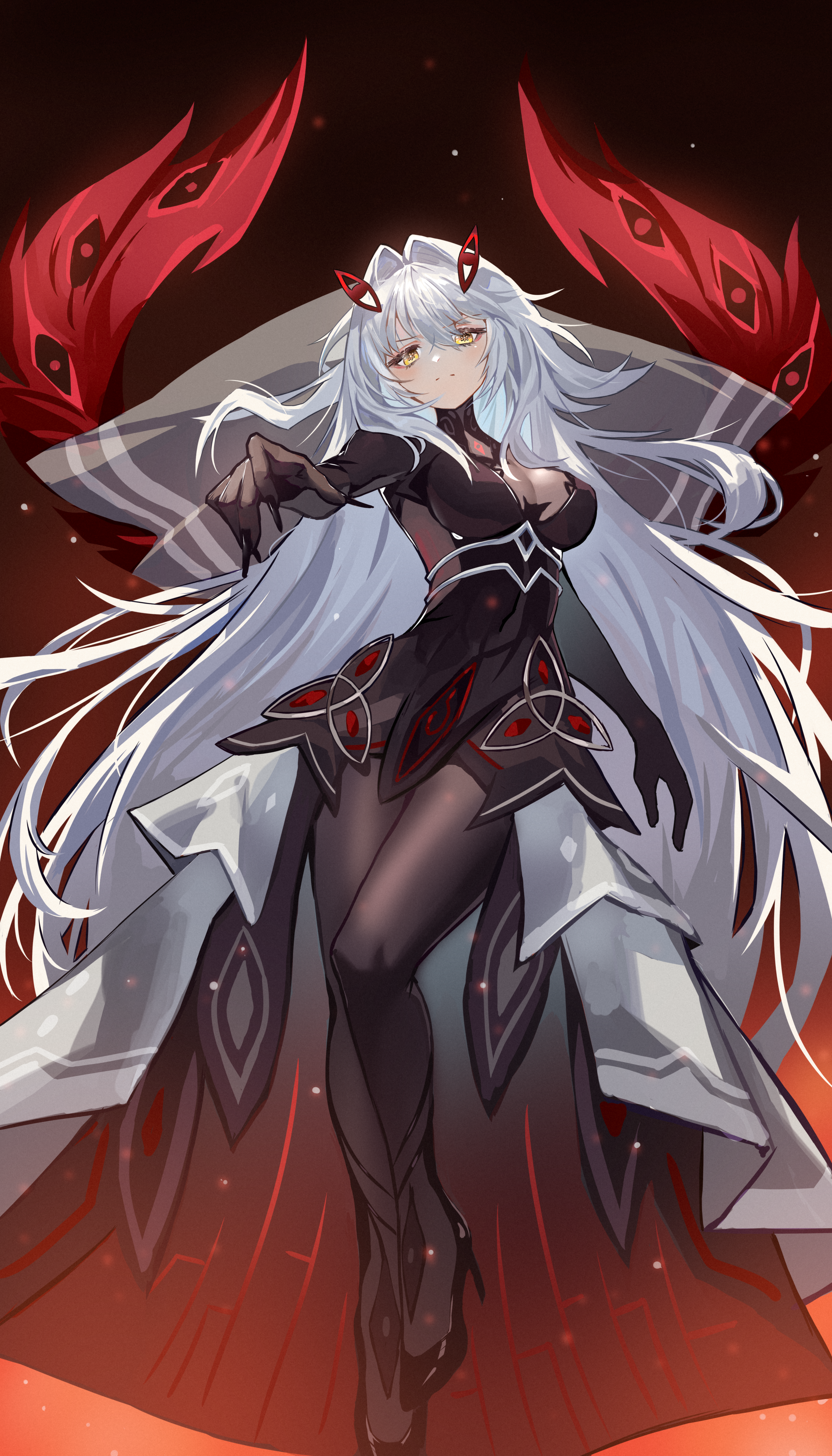 iriya (pixiv68685836), ronova (genshin impact), genshin impact, absurdres, commentary request, highres, 1girl, arm up, black dress, black pantyhose, breasts, cleavage, colored skin, dress, eye symbol, floating, glowing, glowing wings, gradient background, grey hair, hair between eyes, hair intakes, hair ornament, head tilt, high heels, huge breasts, light particles, long hair, looking at viewer, multicolored skin, orange eyes, pantyhose, parted lips, reaching, reaching towards viewer, red background, red wings, solo, symbol-shaped pupils, teeth, two-tone skin, veil, very long hair, wings