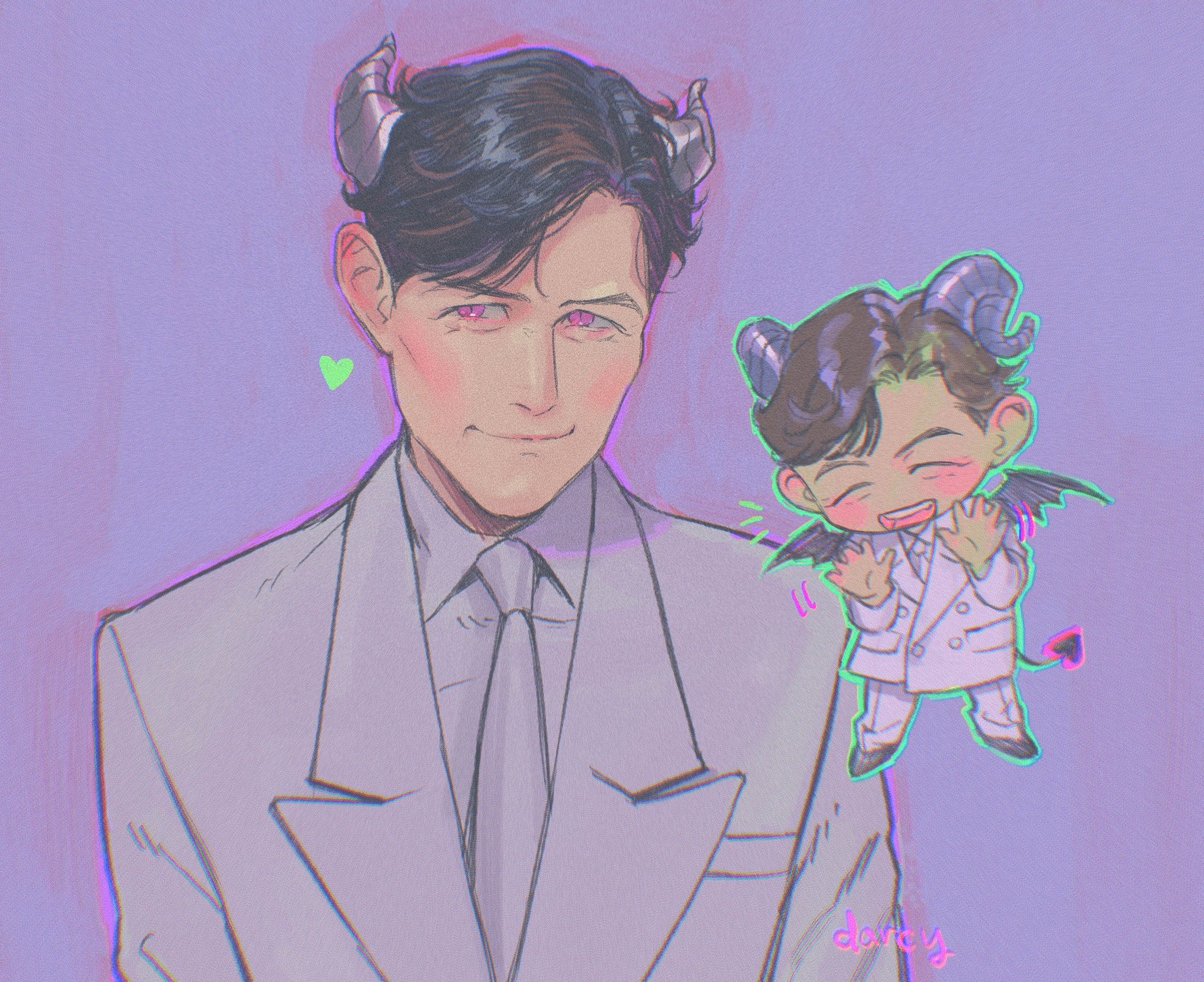 seong gi-hun, squid game, highres, 2boys, black hair, chibi, chibi inset, closed eyes, coat, collared shirt, curtained hair, demon, demon horns, demon tail, demon wings, formal clothes, green outline, hair slicked back, hands up, heart, horns, multiple boys, muted color, necktie, open mouth, outline, pink eyes, runlikehellllll, shirt, smirk, spread fingers, suit, tail, white coat, white necktie, white shirt, white suit, wings