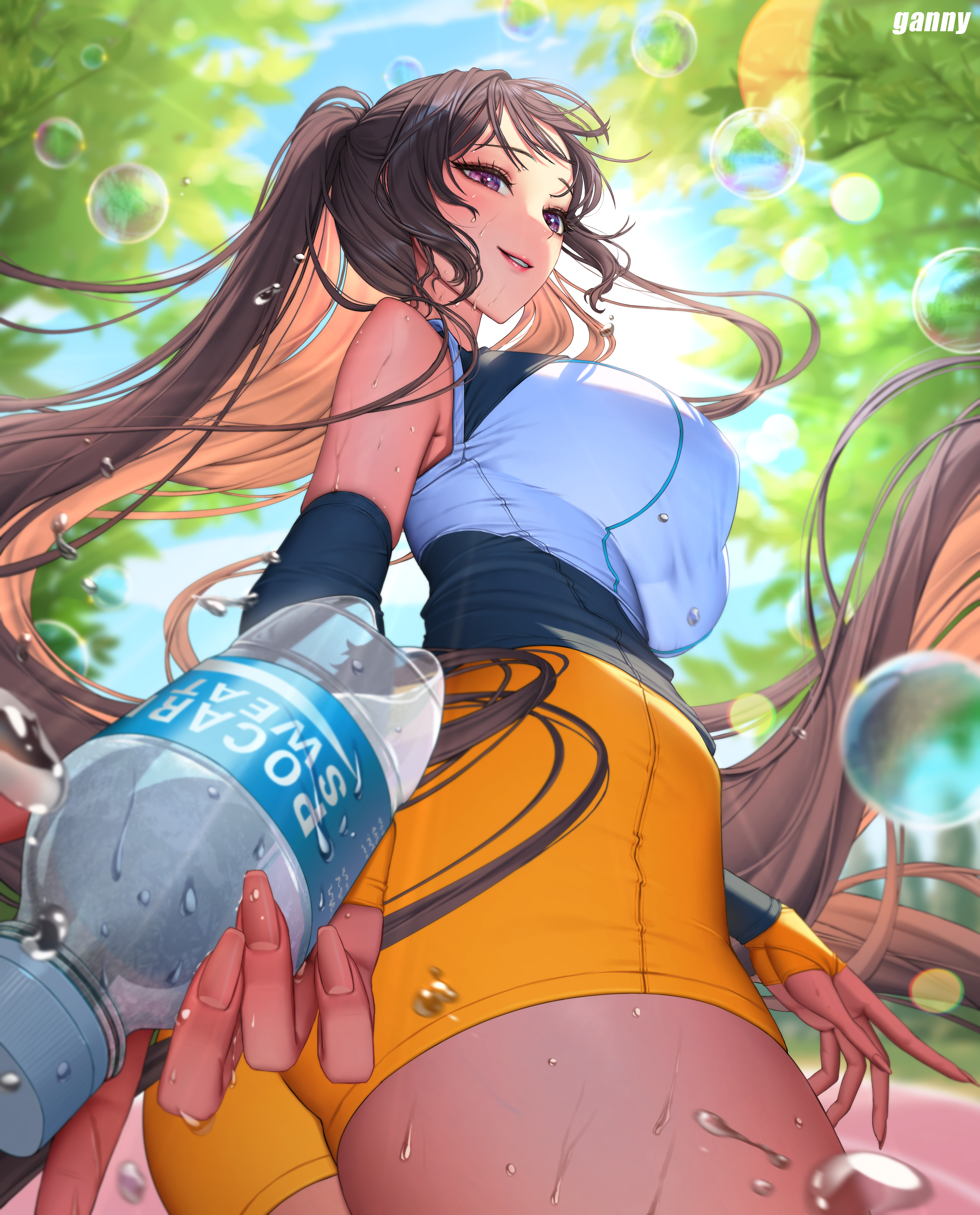 gnxxe1, original, pocari sweat, absurdres, highres, 1girl, ass, black gloves, bottle, brand name imitation, breasts, brown hair, bubble, elbow gloves, from below, gloves, holding, holding bottle, looking down, orange gloves, orange shorts, ponytail, product placement, purple eyes, shorts, two-tone gloves, water bottle