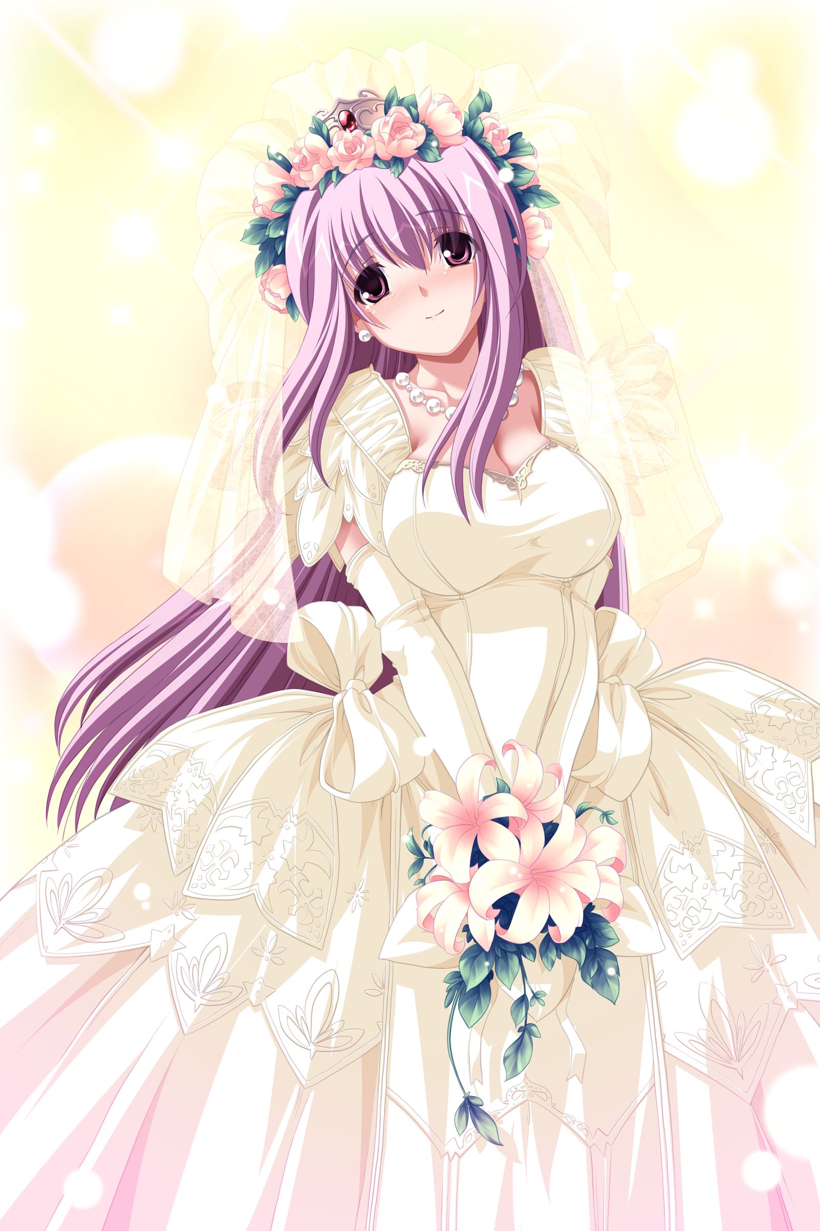 tsurugi hagane, hagall valkyr, shirogane no soleil, absurdres, game cg, highres, 1girl, bell line gown, blush, bouquet, breasts, bridal veil, bride, crown, dress, female focus, flower, hair flower, hair ornament, hat, jewelry, lily (flower), long hair, necklace, purple eyes, purple hair, solo, tiara, v arms, veil, wedding dress, yellow background, yellow dress, yellow theme