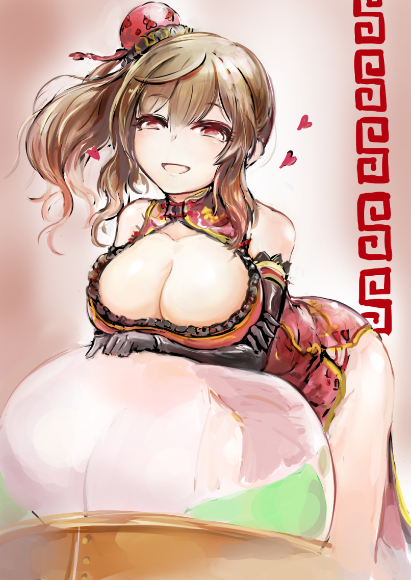 miyabi keishirou, character request, copyright request, 1girl, bare shoulders, bent over, black gloves, black trim, breasts, brown background, brown hair, china dress, chinese border, chinese clothes, cleavage, cleavage cutout, clothing cutout, dress, elbow gloves, feet out of frame, food, frills, fruit, gloves, gold trim, hair between eyes, half-closed eyes, hand on own arm, heart, large breasts, leaning on object, long hair, looking at viewer, loving aura, one side up, open mouth, peach, red dress, red eyes, side slit, sidelocks, smile, solo, white background