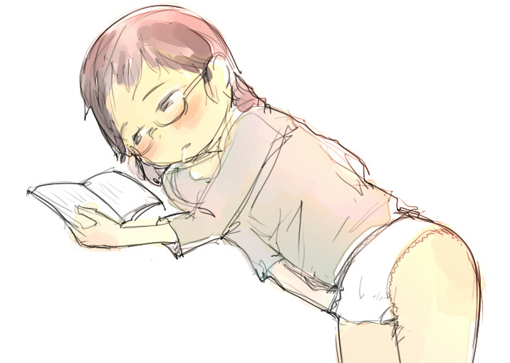 zakka, original, 1girl, blush, book, drooling, female focus, female masturbation, glasses, hand in panties, loli, lying, masturbation, on side, panties, saliva, simple background, sketch, solo, underwear, white background