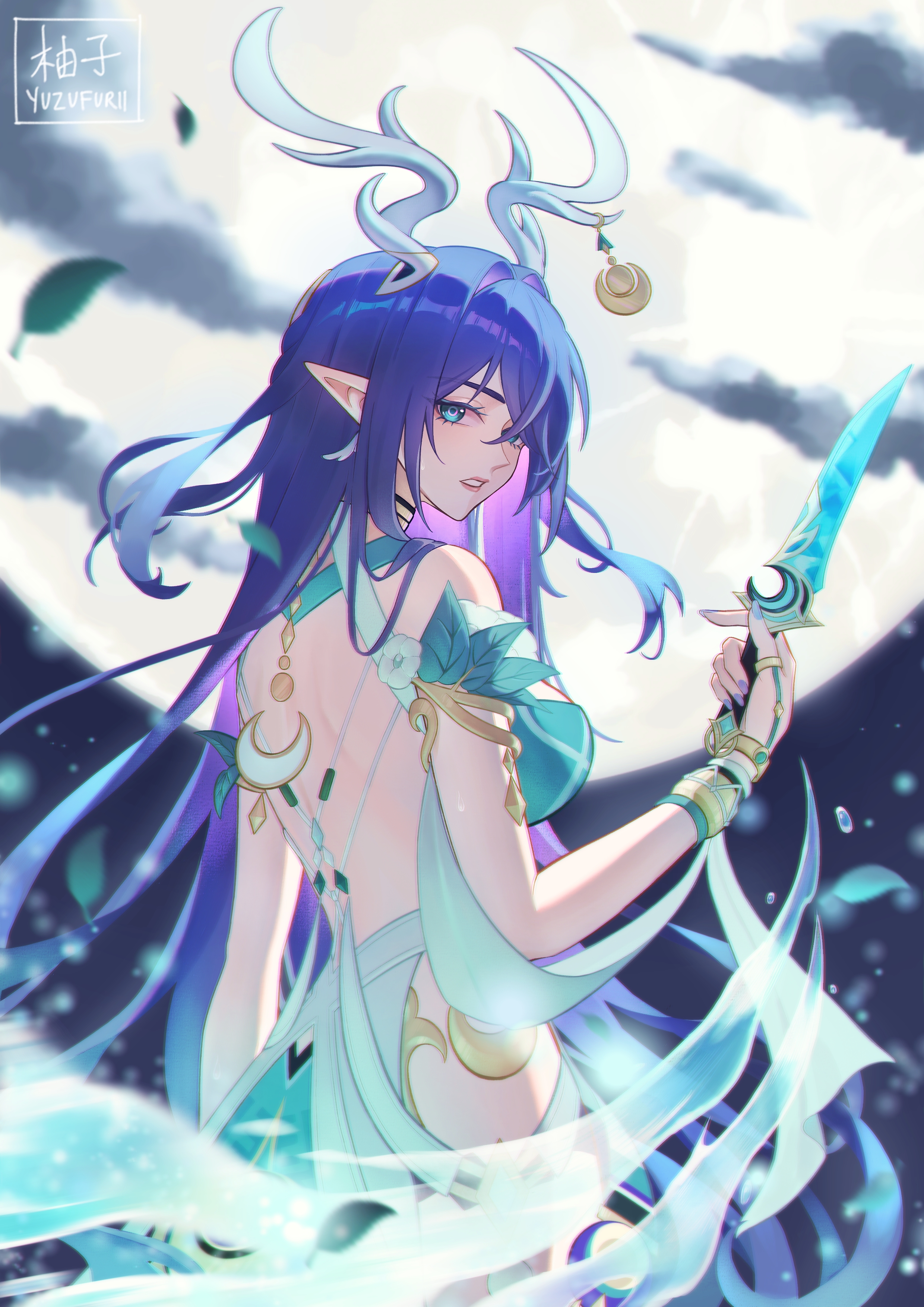 yuzufurii, lauma (genshin impact), genshin impact, absurdres, hashtag-only commentary, highres, 1girl, antlers, aqua dress, aqua eyes, armlet, artist name, back, bare shoulders, blue hair, blurry, blurry background, bracelet, breasts, cloud, cloudy sky, crescent, dagger, deer antlers, deer girl, depth of field, dress, falling leaves, from behind, gradient hair, hair intakes, hair over one eye, head tilt, holding, holding dagger, holding knife, holding weapon, horns, huge breasts, jewelry, knife, leaf, long hair, looking at viewer, looking to the side, moon, multicolored eyes, multicolored hair, night, night sky, parted lips, pink lips, pointy ears, shade, sky, solo, standing, thighs, wavy hair, weapon