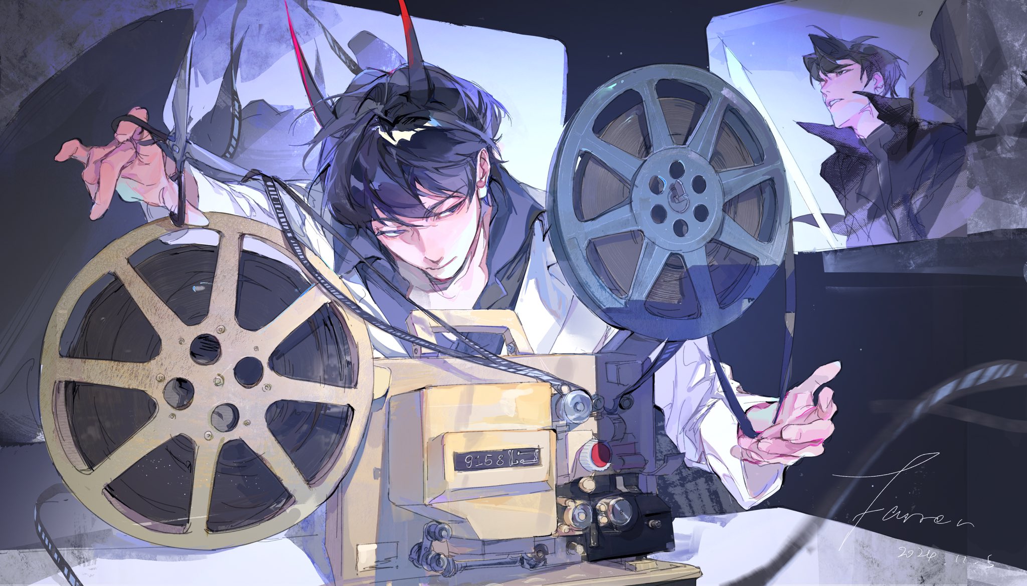 rc dec, kim dokja, yoo joonghyuk, omniscient reader's viewpoint, highres, 2boys, black coat, black eyes, black hair, black shirt, coat, collared shirt, demon horns, entangled, film reel, horns, indoors, jacket, korean text, male focus, motion blur, movie projector, multiple boys, open mouth, popped collar, projector screen, shirt, short hair, smirk, upper body, white jacket