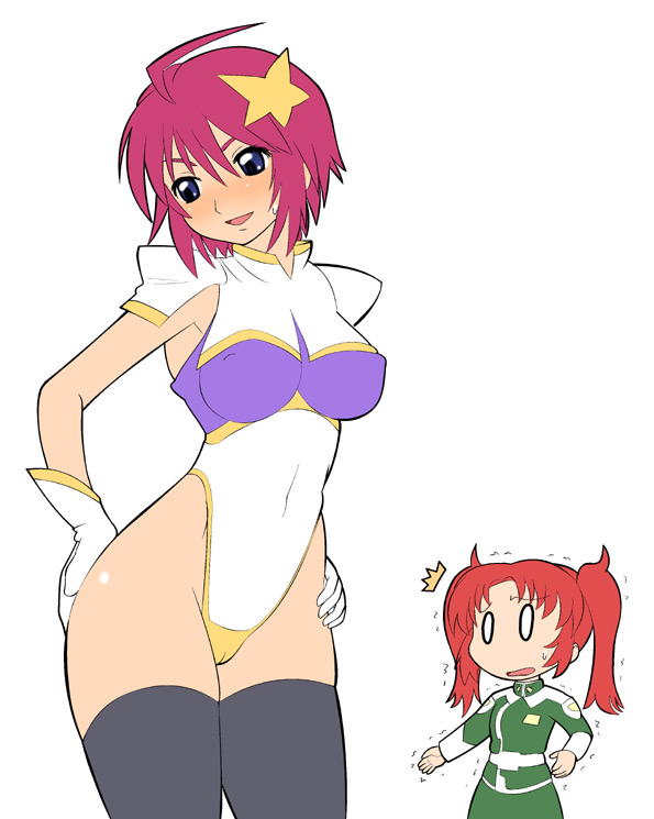 norakuro nero, lunamaria hawke, meer campbell, meyrin hawke, gundam, gundam seed, gundam seed destiny, black legwear, hands on ass, looking away, 0 0, 2girls, :o, ^^^, ahoge, armpits, ass, belt, blue eyes, blush, breasts, cameltoe, chibi, cosplay, covered erect nipples, curvy, gloves, grabbing own ass, grabbing own breast, hair ornament, hand on own hip, highleg, highleg leotard, hip focus, impossible clothes, impossible leotard, large breasts, leotard, meer campbell (cosplay), military, military uniform, multiple girls, naughty face, parted bangs, pink hair, red hair, short hair, siblings, simple background, sisters, skin tight, skirt, standing, star (symbol), star hair ornament, surprised, sweatdrop, thick thighs, thighhighs, thighs, trembling, turtleneck, twintails, white gloves, wide hips