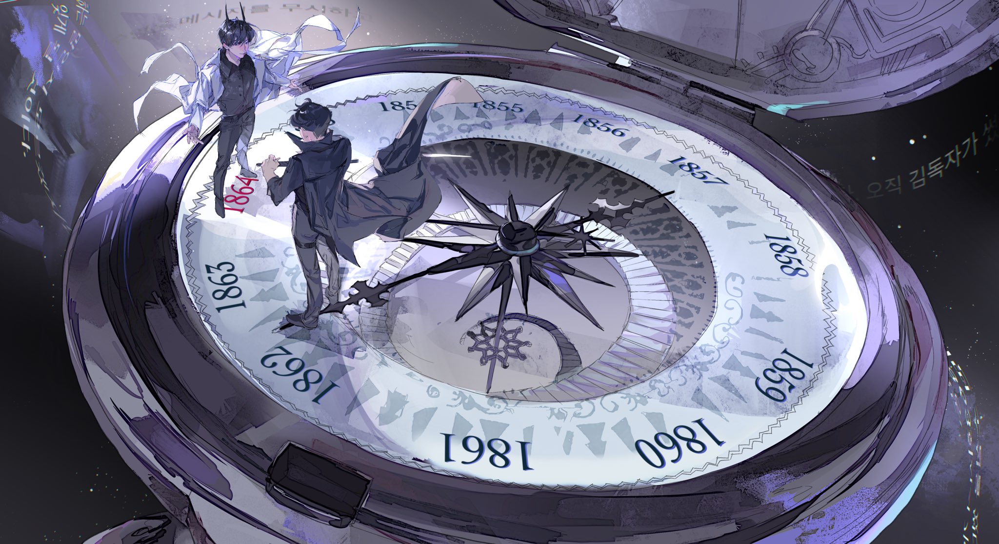 rc dec, kim dokja, yoo joonghyuk, omniscient reader's viewpoint, highres, 2boys, black coat, black shirt, clenched hand, coat, collared shirt, demon horns, from above, full body, horns, korean text, looking at another, male focus, multiple boys, numbered, official alternate costume, pocket watch, popped collar, scabbard, sheath, shirt, symbolism, watch, white coat