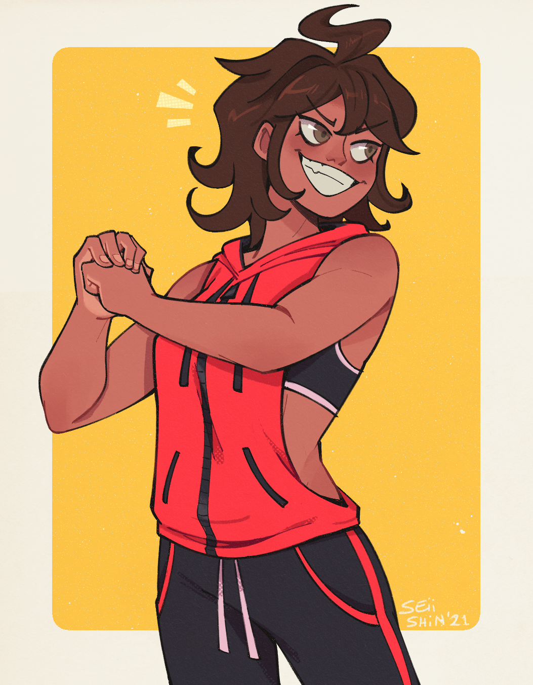 seiishin, owari akane, danganronpa (series), danganronpa 2: goodbye despair, commentary, english commentary, highres, 1girl, alternate costume, artist name, black sports bra, border, brown eyes, brown hair, brown pants, cowboy shot, dark-skinned female, dark skin, dated, fangs, fingernails, fist in hand, grin, hood, hood down, hoodie, medium hair, notice lines, pants, red hoodie, simple background, sleeveless, sleeveless hoodie, smile, solo, sports bra, teeth, v-shaped eyebrows, white border, yellow background