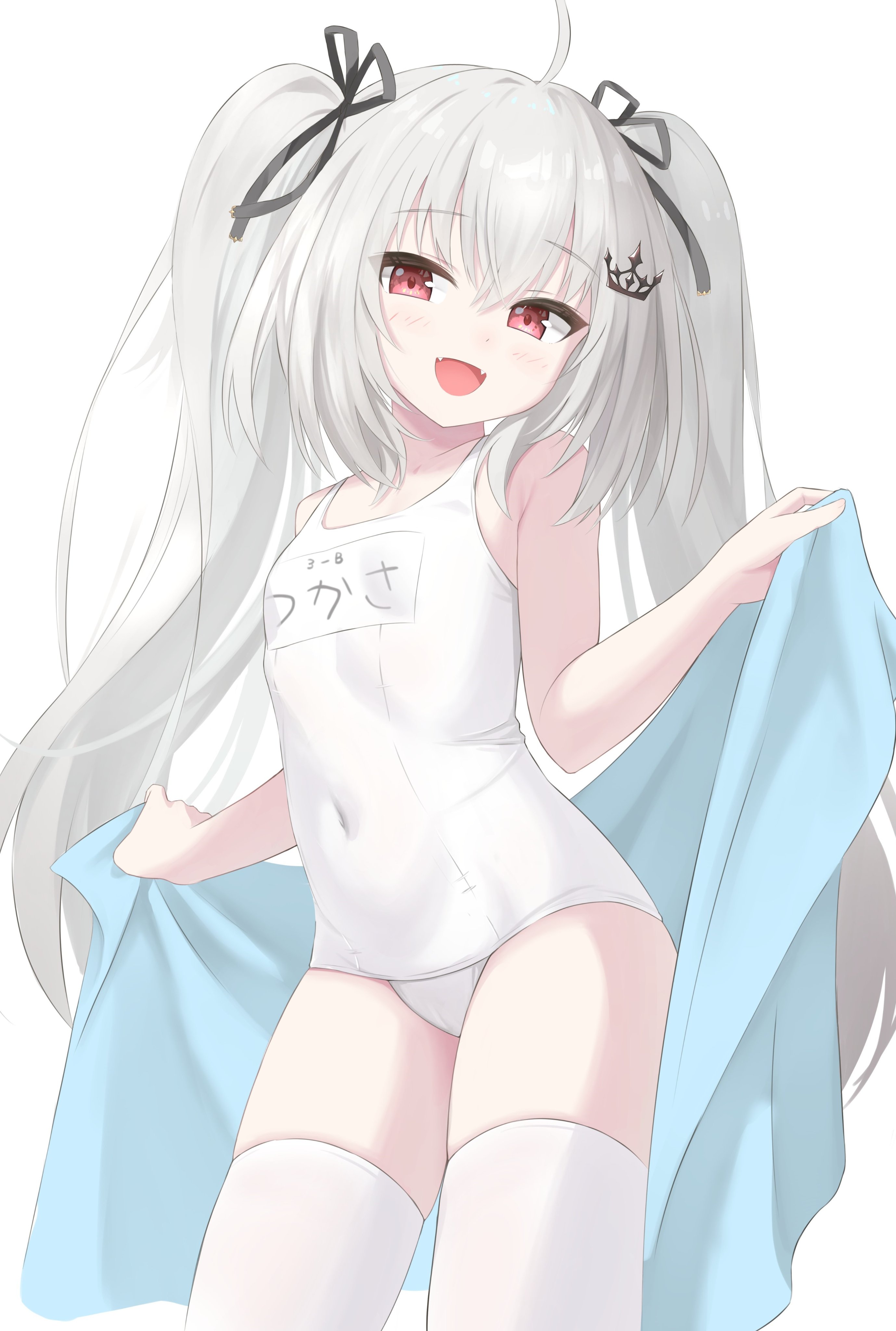 minamoto tarou, ryogoku tsukasa, absurdres, highres, 1girl, bare arms, bare shoulders, black ribbon, breasts, covered navel, cowboy shot, dot nose, fang, grey hair, hair between eyes, hair ornament, hairclip, long hair, looking at viewer, name tag, one-piece swimsuit, open mouth, red eyes, ribbon, school swimsuit, simple background, small breasts, solo, standing, swimsuit, thighhighs, thighs, twintails, very long hair, white background, white one-piece swimsuit, white thighhighs