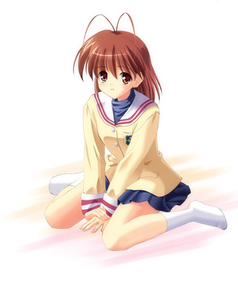 orino yushi, furukawa nagisa, clannad, 00s, 1girl, :o, antenna hair, between legs, blazer, blue skirt, brown eyes, brown hair, emblem, female focus, full body, hand between legs, jacket, kneehighs, long sleeves, looking at viewer, no shoes, pleated skirt, simple background, sitting, skirt, socks, solo, wariza, white background, white socks