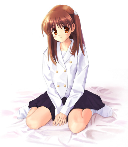 orino yushi, original, lowres, 1girl, bed sheet, brown hair, buttons, double-breasted, female focus, full body, hair bobbles, hair ornament, long hair, long sleeves, looking at viewer, no shoes, orange eyes, sitting, skirt, smile, socks, solo, two side up, wariza, white socks