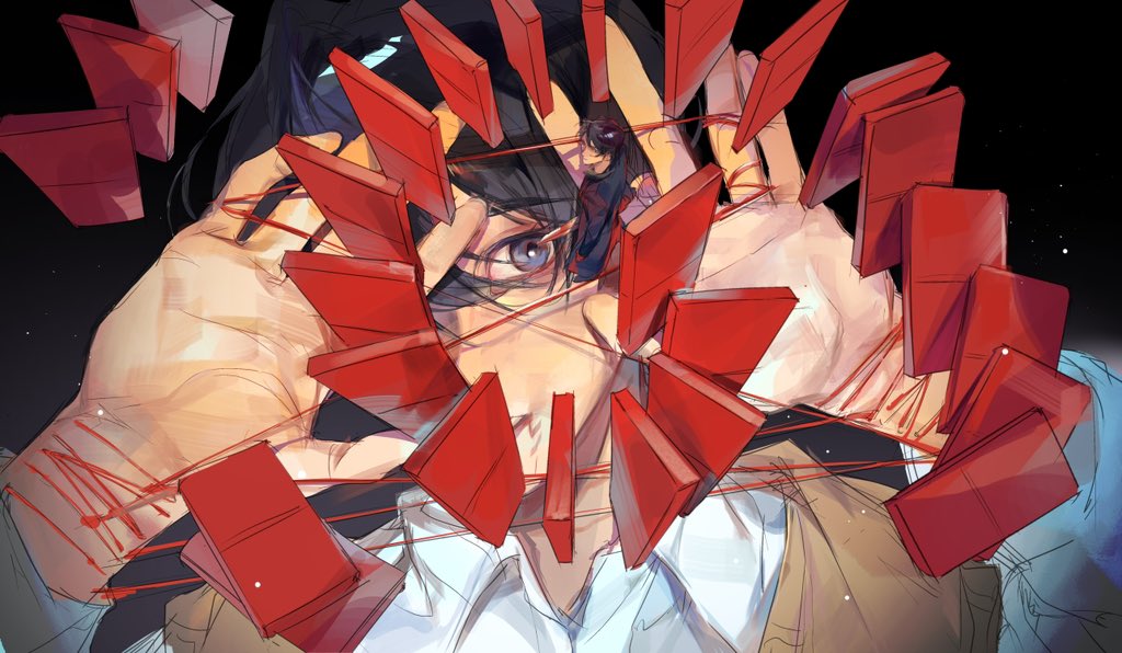 rc dec, yoo joonghyuk, omniscient reader's viewpoint, 2boys, bleeding, blood, blood string, bloody weapon, collared shirt, crazy eyes, dominoes, entangled, faceless, grin, hands up, holding, holding string, holding sword, holding weapon, injury, leukocoria, mini person, miniboy, multiple boys, oldest dream, one eye covered, pull string, self-harm, shirt, smile, string, sword, vest, weapon, white shirt, wrist cutting, yellow vest