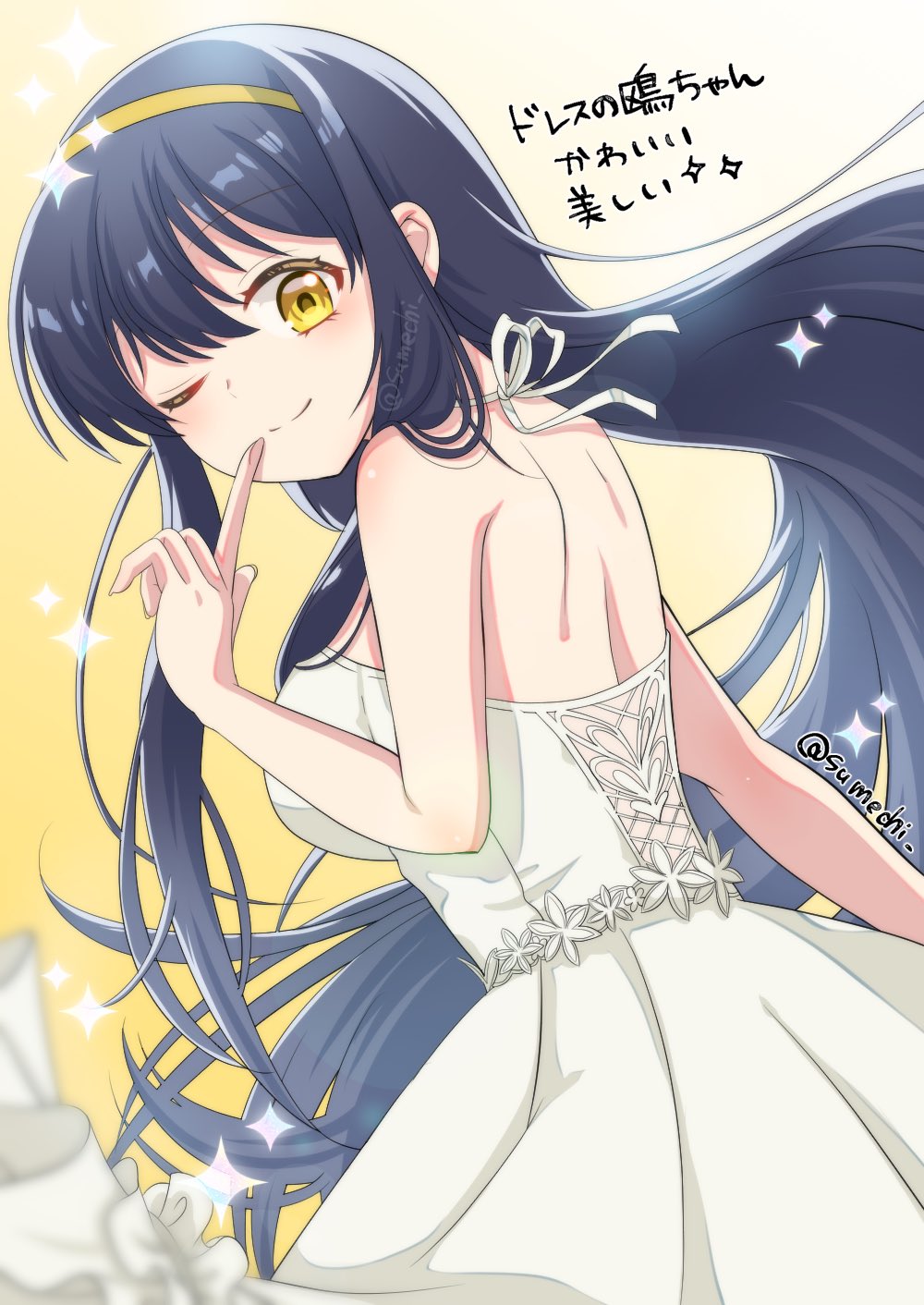sumechi, kushima kamome, summer pockets, commentary request, highres, translation request, 1girl, ;), alternate costume, arm at side, back, bare shoulders, black hair, blurry, blush, breasts, closed mouth, colored eyelashes, cowboy shot, depth of field, dress, dutch angle, eyelashes, finger to mouth, floating hair, floral print, floral print dress, formal clothes, hair between eyes, hairband, hand up, index finger raised, large breasts, long hair, looking at viewer, looking back, one eye closed, print dress, sidelocks, simple background, sleeveless, sleeveless dress, smile, solo, sparkle, split mouth, straight hair, tareme, twitter username, very long hair, white dress, yellow background, yellow eyes, yellow hairband
