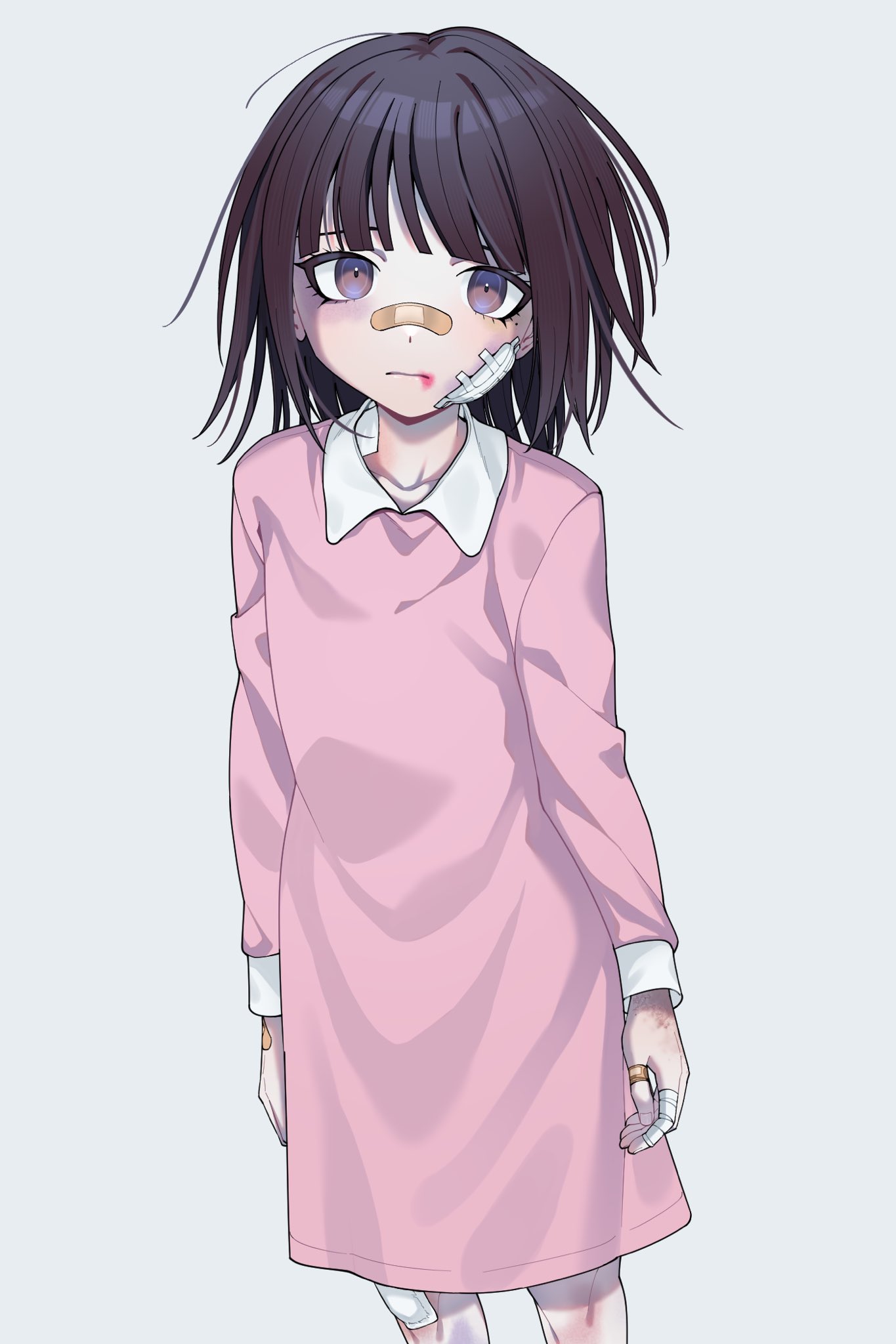 ling yun (amadare0803), tsumiki mikan, danganronpa (series), danganronpa 2: goodbye despair, commentary request, highres, aged down, bandage on cheek, bandage on knee, bandaged fingers, bandages, bandaid, bandaid on face, bandaid on finger, bandaid on hand, bandaid on nose, blood, blunt bangs, bruise, bruise on hand, closed mouth, collared shirt, eyelashes, injury, long sleeves, mole, mole under eye, pink blood, pink shirt, purple eyes, purple hair, shirt, short hair, simple background, white background