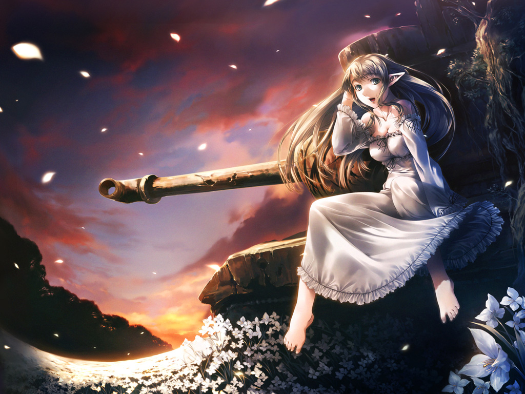 simosi, vehicle, 1girl, bare shoulders, barefoot, breasts, brown eyes, brown hair, cleavage, detached sleeves, dress, elf, feet, female focus, flower, long hair, medium breasts, military, military vehicle, motor vehicle, nature, petals, pointy ears, ruins, sitting, sky, solo, tank