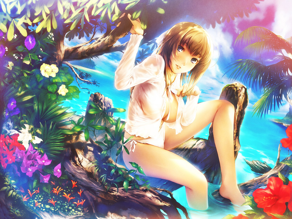 simosi, original, 1girl, artistic error, barefoot, beach, bikini, blouse, blue eyes, bougainvillea (flower), breasts, brown hair, cleavage, feet, female focus, flower, hibiscus, large breasts, legs, nature, no bra, ocean, open clothes, open shirt, outdoors, panties, scenery, shirt, side-tie panties, sideboob, sitting, soaking feet, solo, swimsuit, tree, underwear, water, wet, white panties