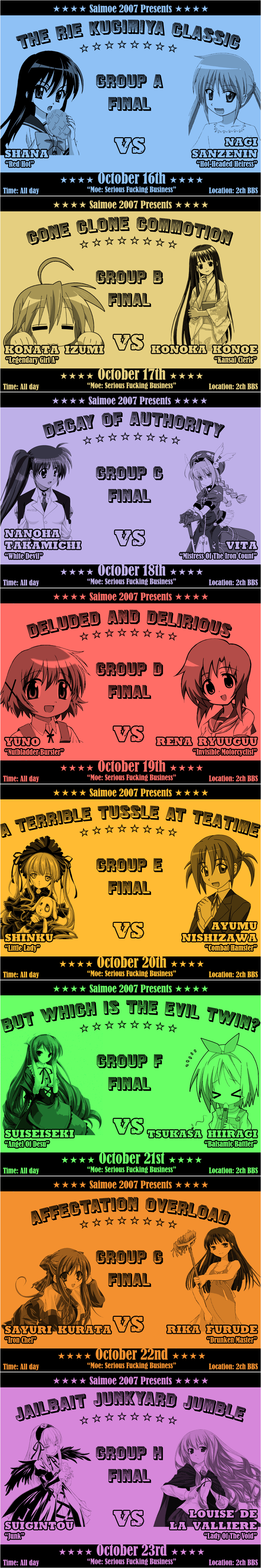 alastor (shakugan no shana), hiiragi tsukasa, izumi konata, konoe konoka, sanzen'in nagi, shana, shinku, suiseiseki, vita (nanoha), yuno (hidamari sketch), hayate no gotoku!, hidamari sketch, kanon, lucky star, lyrical nanoha, mahou sensei negima!, rozen maiden, saimoe, shakugan no shana, absurdres, highres, long image, tall image, 00s, 6+girls, jewelry, multiple girls, pendant, saimoe 2007, text focus