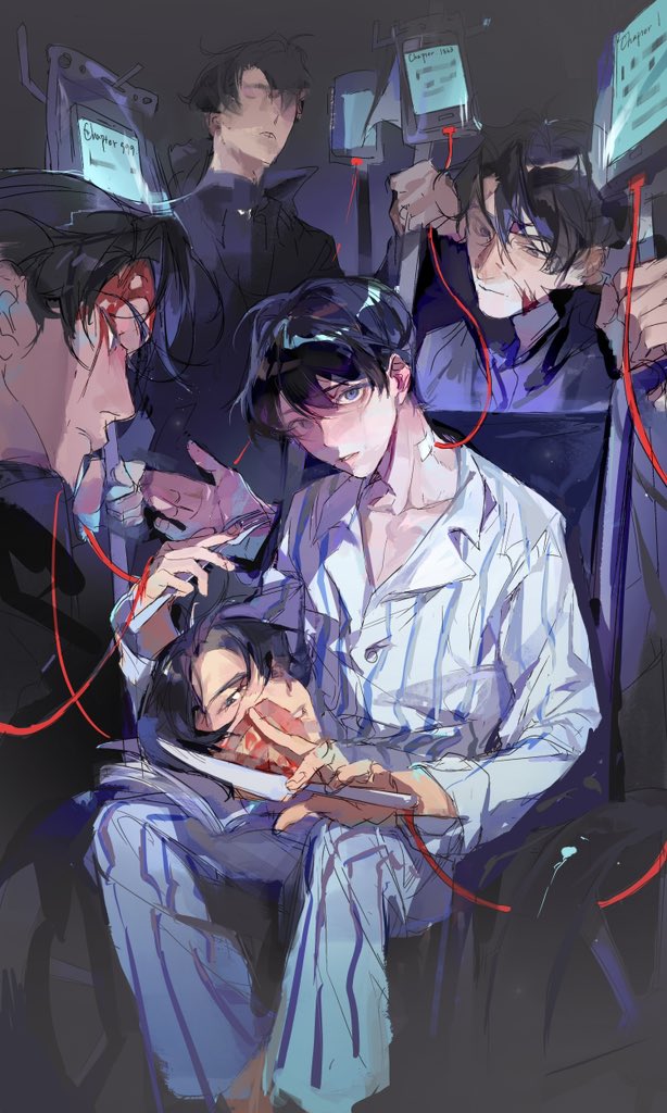 rc dec, yoo joonghyuk, omniscient reader's viewpoint, 5boys, bandaged neck, bandages, barefoot, black coat, black eyes, black hair, black shirt, blood, blood from forehead, blood on face, book, clenched teeth, coat, crew neck, fork, hair between eyes, head tilt, holding, holding fork, holding knife, holding string, hospital gown, intravenous drip, knees apart feet together, knife, looking at viewer, multiple boys, multiple views, oldest dream, open book, parted lips, popped collar, puppet strings, pushing wheelchair, severed head, shirt, short hair, string, striped clothes, teeth, white shirt