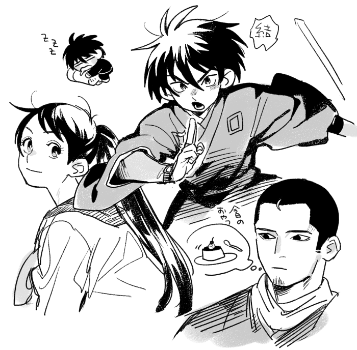 chanko neru, sumimura masamori, sumimura yoshimori, yukimura tokine, kekkaishi, commentary request, 1girl, 2boys, blush, buzz cut, chibi, facial hair, goatee, greyscale, hair between eyes, japanese clothes, kimono, monochrome, multiple boys, ponytail, short hair, sleeping, smile, speech bubble, thought bubble, very short hair, watch, wristwatch, zzz
