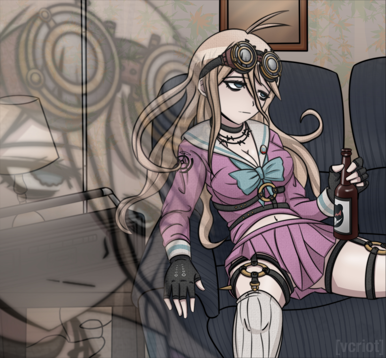 vcriot, iruma miu, monokuma, danganronpa (series), danganronpa v3: killing harmony, commentary, english commentary, highres, 1girl, antenna hair, aqua bow, armchair, barbed wire, beer bottle, black choker, black gloves, blonde hair, blue eyes, bottle, bow, breasts, chair, choker, cleavage, collared shirt, depressed, eyelashes, fingerless gloves, gloves, goggles, goggles on head, holding, holding bottle, indoors, lamp, long hair, long sleeves, meme, meme request, navel, picture frame, pink serafuku, pink shirt, pink skirt, radio, radio antenna, sailor collar, school uniform, serafuku, shirt, sitting, skirt, skirt set, solo, stomach, white sailor collar, zoom layer