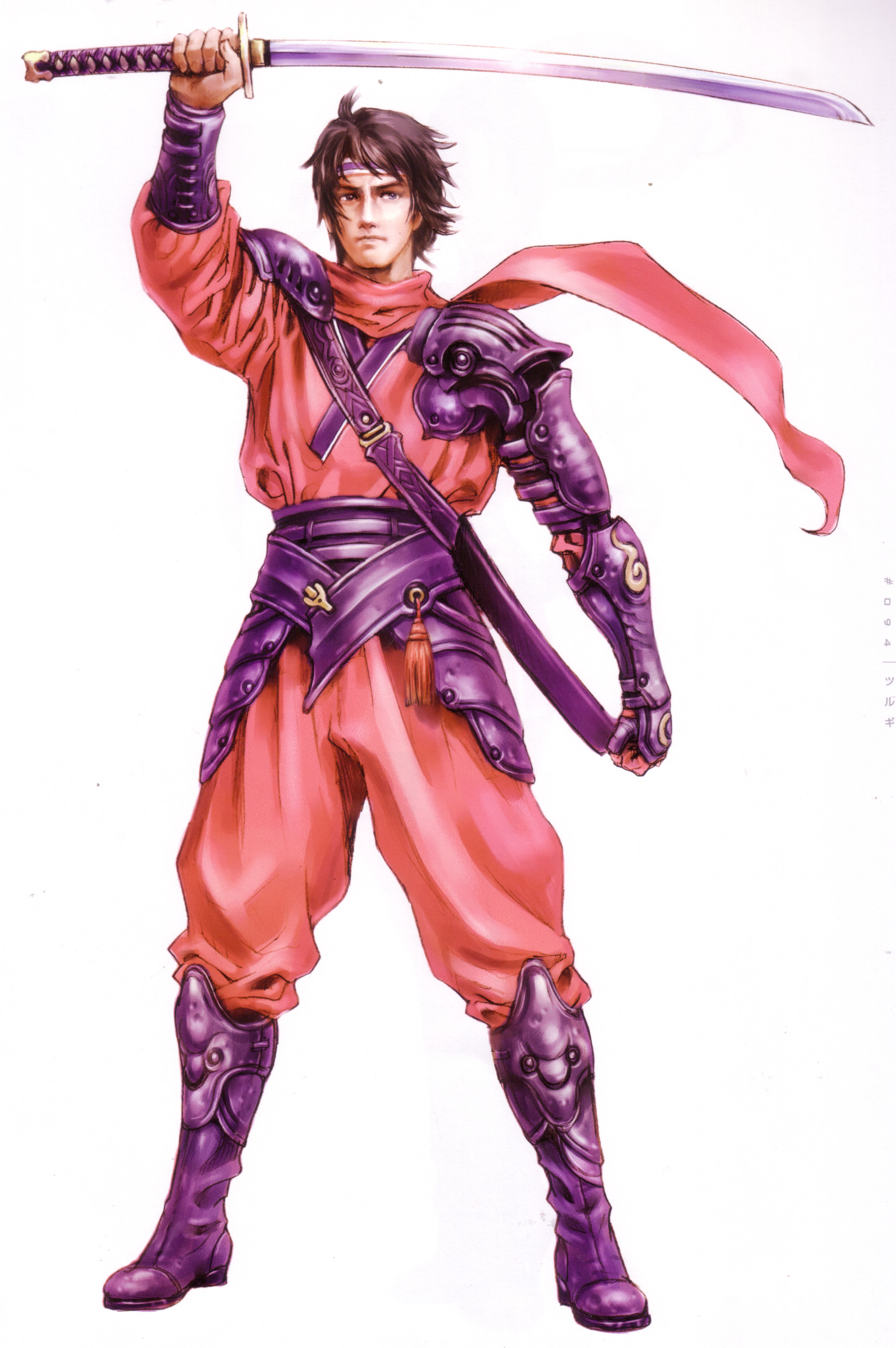 yamashita shun'ya, absurdres, highres, 1boy, armor, asymmetrical armor, black hair, boots, full body, katana, male focus, purple boots, simple background, solo, sword, weapon, white background