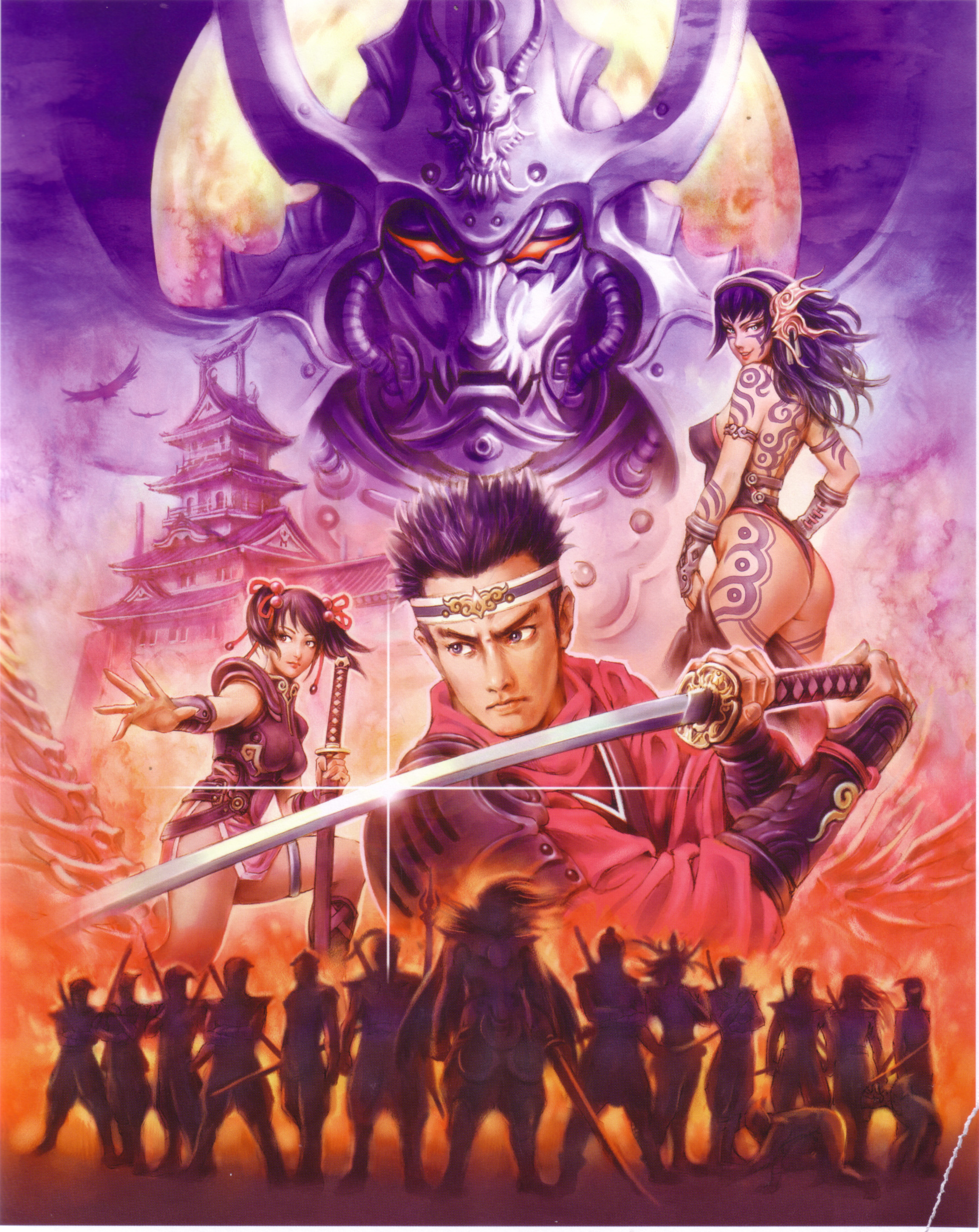 yamashita shun'ya, absurdres, highres, 2girls, 6+boys, architecture, arm tattoo, armlet, armor, ass, back tattoo, backlighting, bird, castle, east asian architecture, facial tattoo, headband, helmet, japanese armor, jewelry, kote, leg tattoo, moon, multiple boys, multiple girls, pelvic curtain, purple sky, samurai, sky, swept bangs, sword, tattoo, thighlet, twintails, weapon, weapon on back
