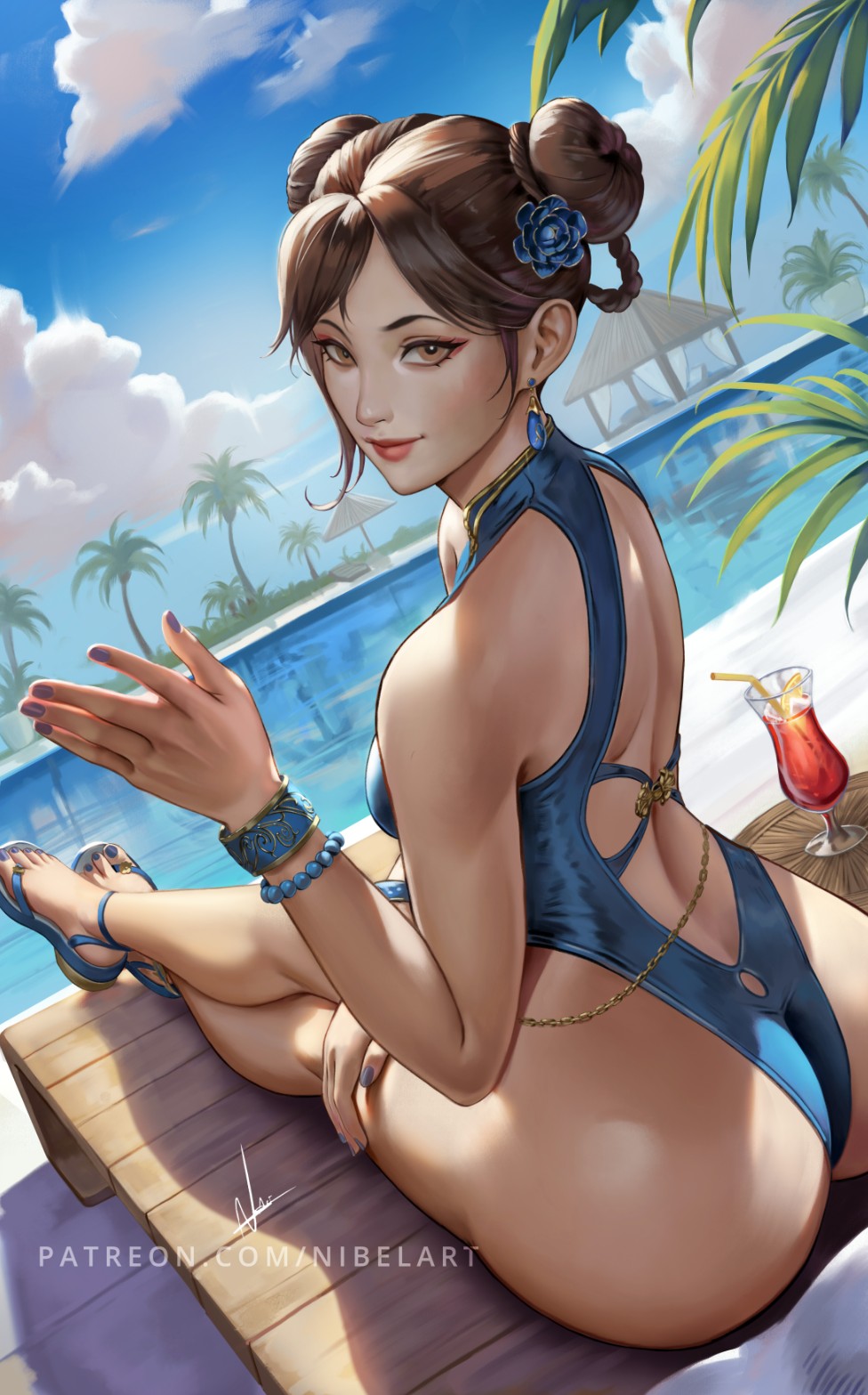 nibelart, chun-li, capcom, street fighter, street fighter 6, highres, 1girl, ass, back cutout, beach chair, belly chain, blue nails, blue one-piece swimsuit, bracelet, braid, braided hair rings, brown eyes, brown hair, clothing cutout, cloud, crossed legs, double bun, earrings, flower, hair bun, hair flower, hair ornament, hair rings, highleg, highleg one-piece swimsuit, jewelry, multiple bracelets, official alternate costume, official alternate hairstyle, one-piece swimsuit, palm tree, pool, poolside, sandals, sitting, smile, solo, swimsuit, thighs, tree, water