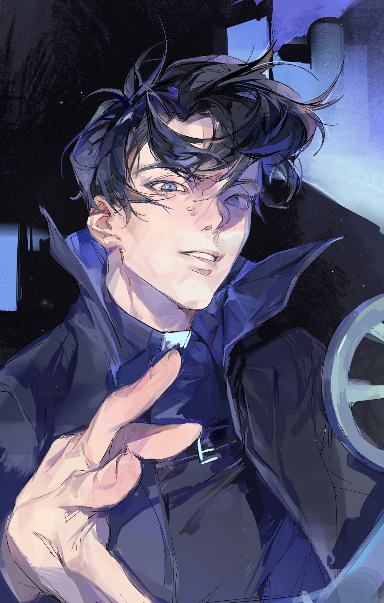 rc dec, yoo joonghyuk, omniscient reader's viewpoint, highres, 1boy, :d, black coat, black hair, black shirt, blue eyes, chest belt, coat, crew neck, hair flowing over, male focus, movie projector, open mouth, out of frame, popped collar, reaching, reaching towards viewer, shirt, short hair, smile, solo