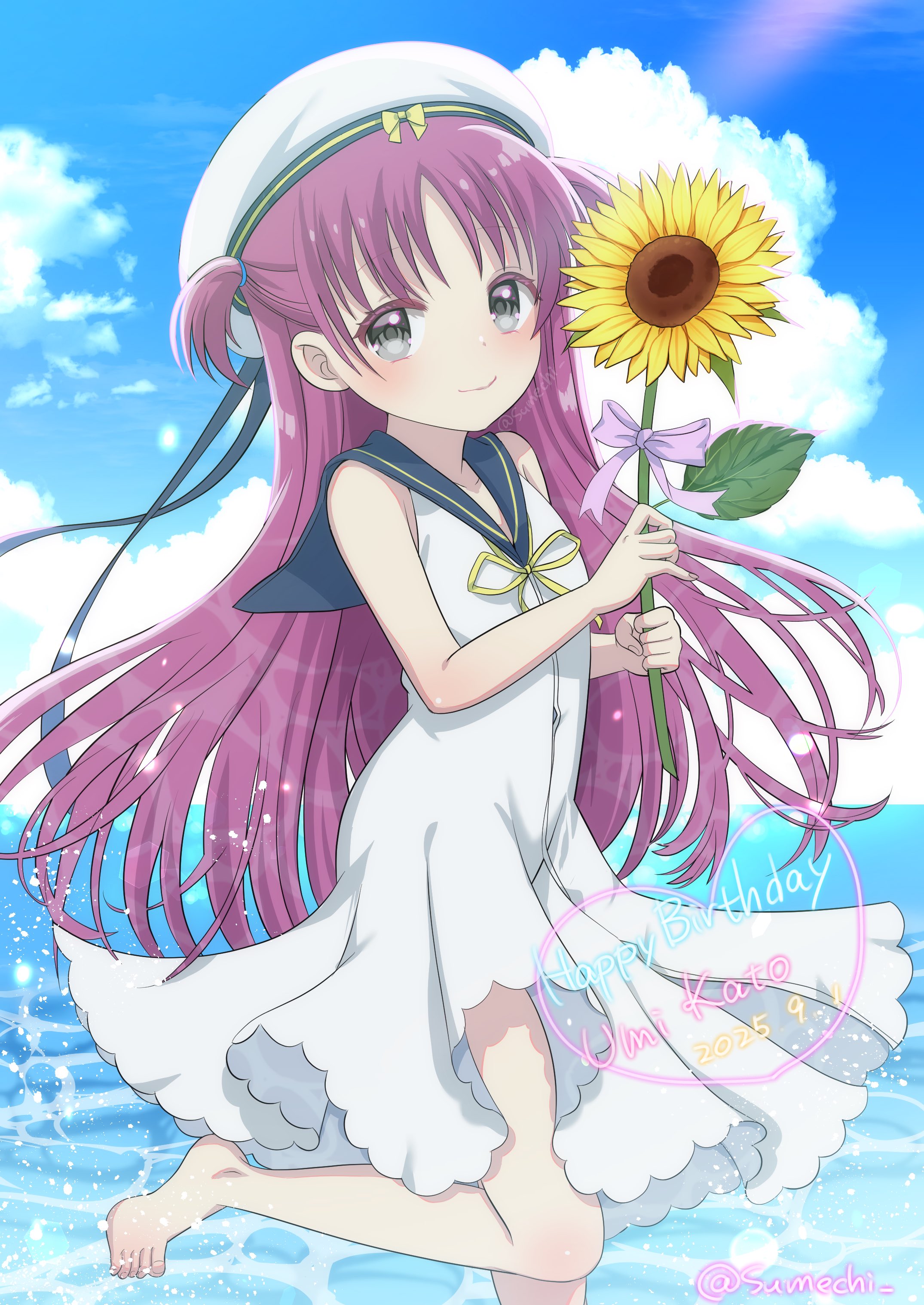 sumechi, katou umi, summer pockets, absurdres, commentary request, highres, 1girl, 2025, bare shoulders, barefoot, black ribbon, blue sailor collar, blue sky, blush, bow, character name, closed mouth, cloud, colored eyelashes, cumulonimbus cloud, dated, dress, eyelashes, floating hair, flower, foot out of frame, grey eyes, hands up, happy birthday, hat, heart, holding, holding flower, leaf, long hair, long ribbon, ocean, pink hair, purple bow, ribbon, sailor collar, sailor dress, sailor hat, sky, sleeveless, sleeveless dress, smile, solo, standing, standing on one leg, straight hair, sunflower, tareme, toes, twitter username, two side up, very long hair, water drop, white dress, white hat, yellow ribbon