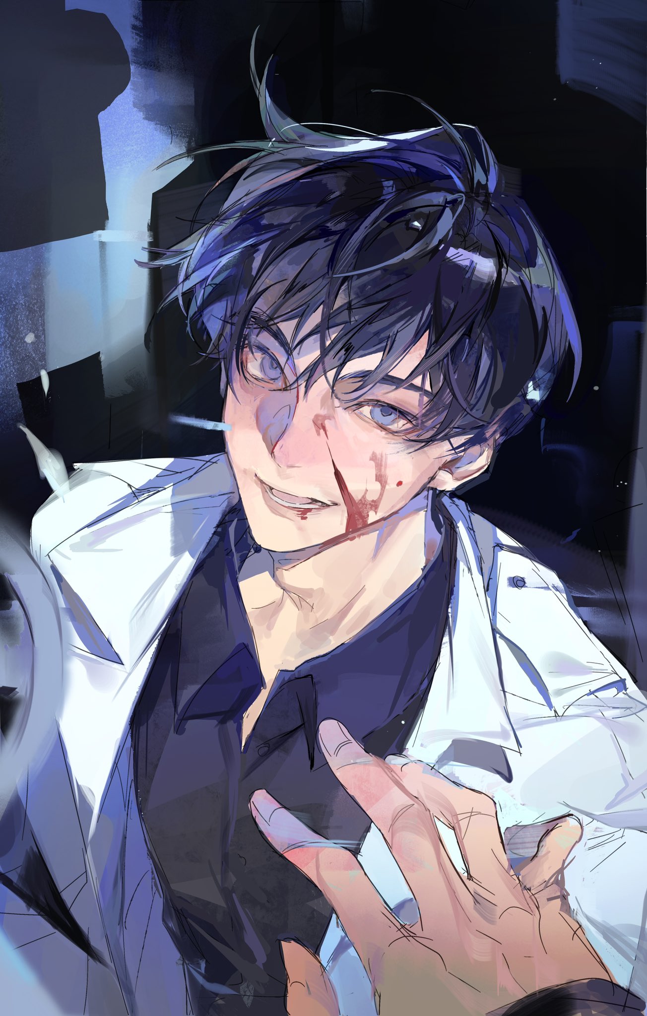 rc dec, kim dokja, yoo joonghyuk, omniscient reader's viewpoint, highres, 2boys, :d, black hair, black shirt, blood, blood on face, blood splatter, blue eyes, coat, collared shirt, grin, hair flowing over, looking at viewer, male focus, multiple boys, open mouth, out of frame, popped collar, pov, pov hands, reaching, reaching towards another, shirt, short hair, smile, upper body, white coat