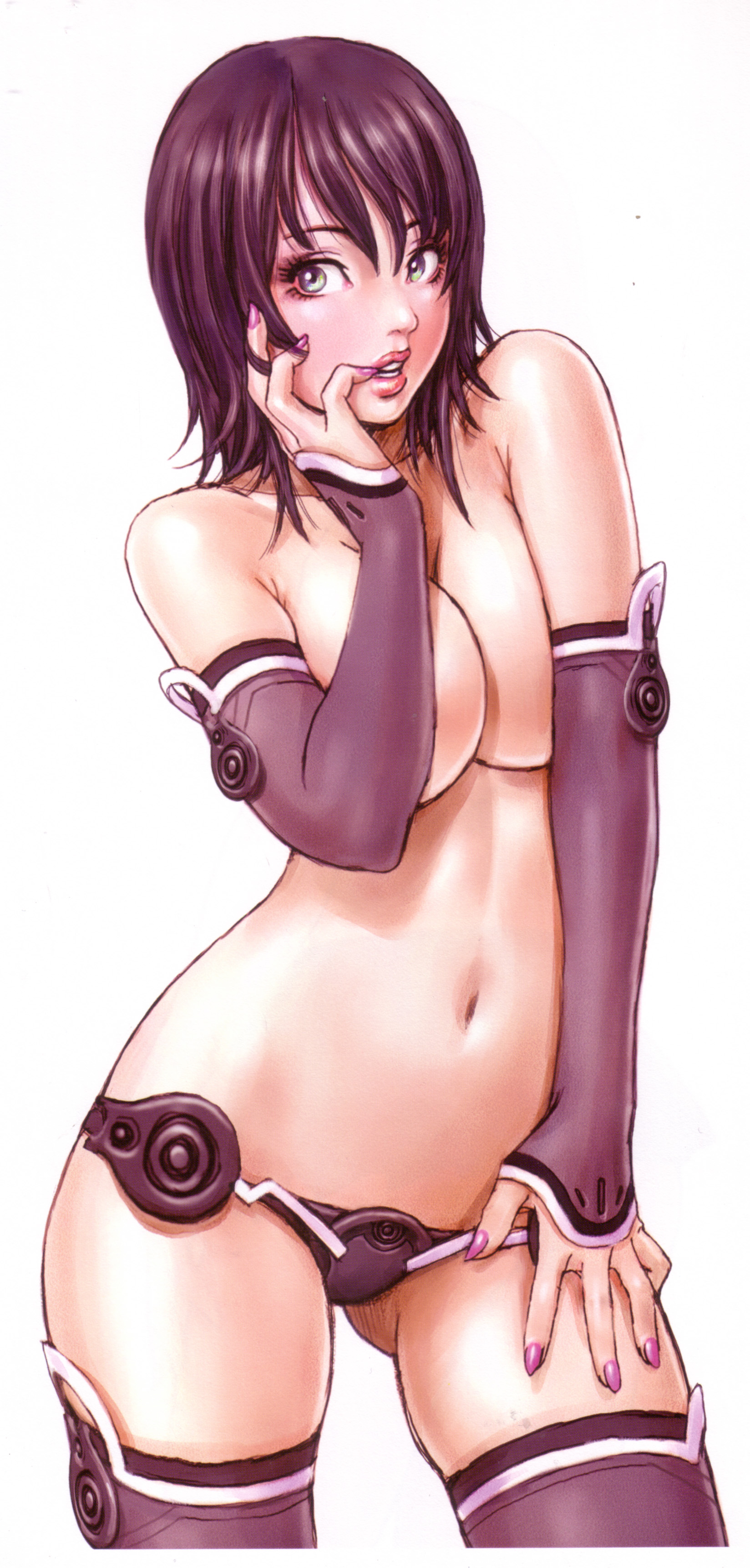 yamashita shun'ya, biting finger, nail, topless, absurdres, highres, reference work, scan, biting, black hair, breasts, breasts squeezed together, detached sleeves, elbow gloves, fingernails, gloves, green eyes, head rest, large breasts, lipstick, long fingernails, lowleg, nail polish, naughty face, navel, open mouth, purple eyes, purple hair, red hair, solo, standing, teeth, thighhighs