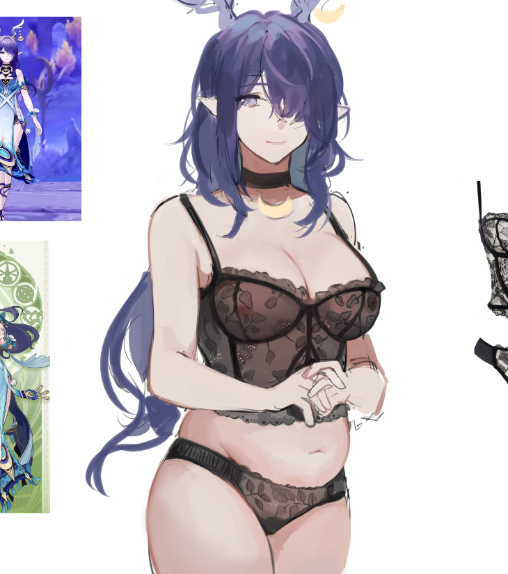tomodurien, lauma (genshin impact), genshin impact, screencap, commentary, english commentary, photo-referenced, 1girl, alternate costume, antler ornament, antlers, bare shoulders, black choker, black panties, blue eyes, blue hair, breasts, choker, cleavage, closed mouth, covered erect nipples, crescent, deer antlers, deer girl, game screenshot, hair over one eye, horns, huge breasts, lace, lace panties, long hair, looking at viewer, looking to the side, lying, navel, on stomach, own hands together, panties, plump, pointy ears, see-through clothes, shade, solo, standing, thick thighs, thighs, underwear, underwear only, wavy hair, white background