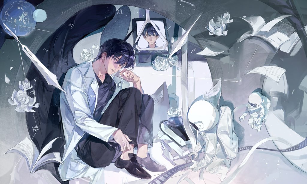 rc dec, kim dokja, yoo joonghyuk, omniscient reader's viewpoint, 1boy, 2others, astronaut, black eyes, black pants, black shirt, black shoes, black wings, book, book stack, coat, collared shirt, earth (planet), feathered wings, film reel, floating, flower, flying paper, folder, full body, hand on own foot, head tilt, knees up, multiple others, multiple persona, nib pen (object), open book, pants, paper, pen, planet, popped collar, portrait (object), rose, serious, shirt, shoes, sitting, spacesuit, tether, white coat, white flower, white rose, white theme, wings