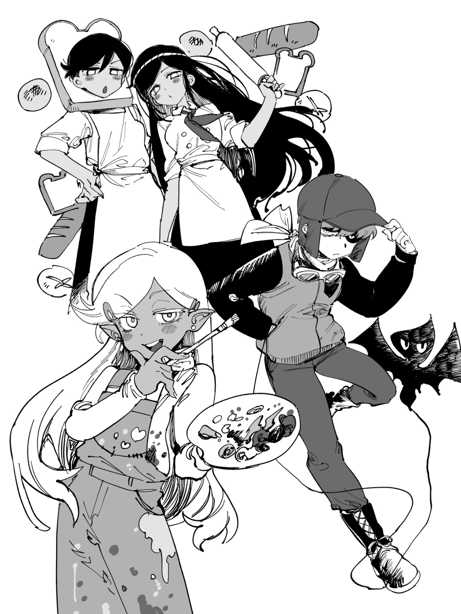 konoito nui, biscuit (omori), doughie (omori), kid's kite (omori), kite kid (omori), omori, highres, 1girl, 3boys, adjusting clothes, adjusting headwear, apron, arm up, baguette, blush, boots, bread, bread slice, breasts, brother and sister, closed mouth, collared shirt, colored skin, dark-skinned female, dark-skinned male, dark skin, double-parted bangs, ear piercing, food, goggles, goggles around neck, greyscale, hair ornament, hairclip, hand on own hip, holding, holding paint palette, holding paintbrush, holding rolling pin, kite, lace-up boots, long hair, long sleeves, looking at viewer, monochrome, multiple boys, neckerchief, open mouth, overalls, paint on clothes, paint palette, paintbrush, pants, parallel hairclips, piercing, rolling pin, scarf, shirt, short hair, short sleeves, siblings, simple background, small breasts, smile, swept bangs, teeth, upper teeth only